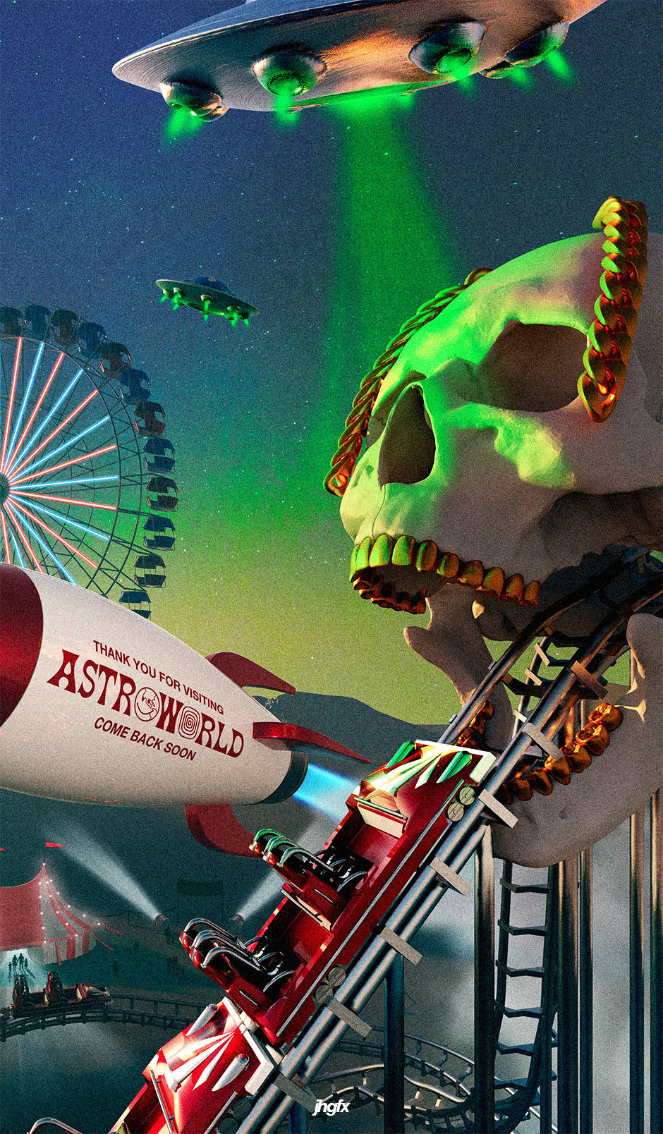 Astroworld 桌布 壁紙 — 一個戴著金鏈的巨大骷髏在夜間乘坐雲霄飛車，而UFO在發光的遊樂園上空盤旋。