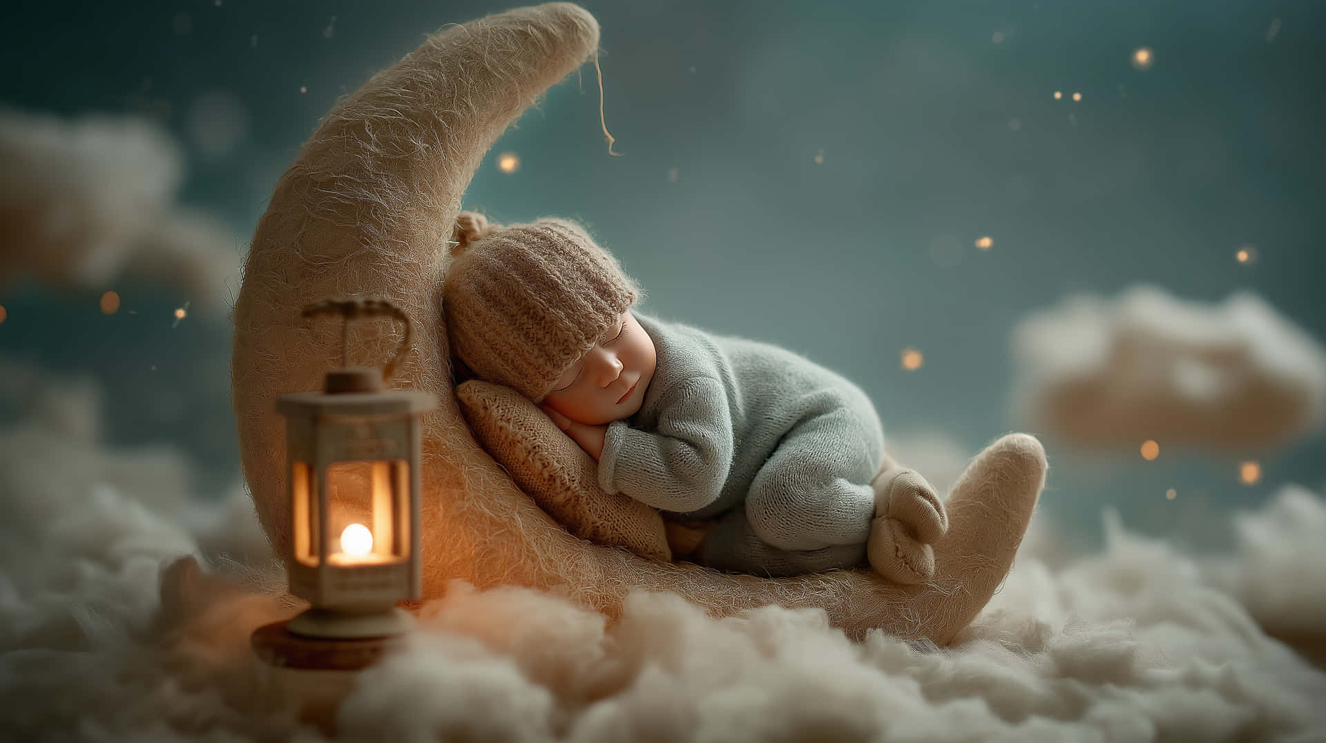 Cherubic Newborn Resting on a Moon with Warm Lantern Glow 壁紙 — 一個戴著針織帽的熟睡嬰兒，躺在柔軟的月亮形枕頭上，旁邊有一盞發光的燈籠漂浮在雲層中。