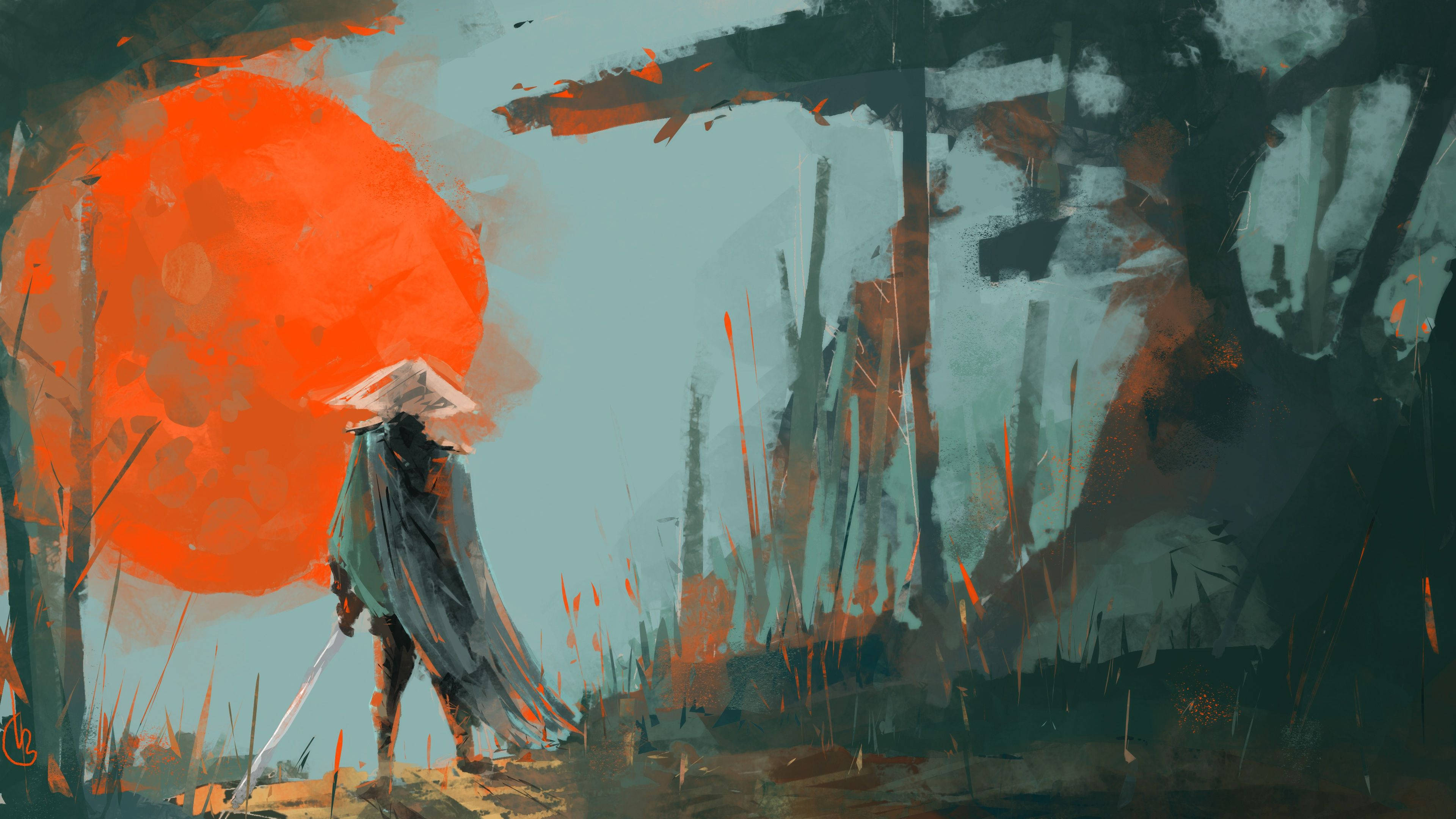 Samurai Art 桌布 壁紙 — 一個戴著錐形帽的孤獨戰士，在霧氣瀰漫、筆觸風格的風景中，以巨大的橙色太陽為背景形成剪影。