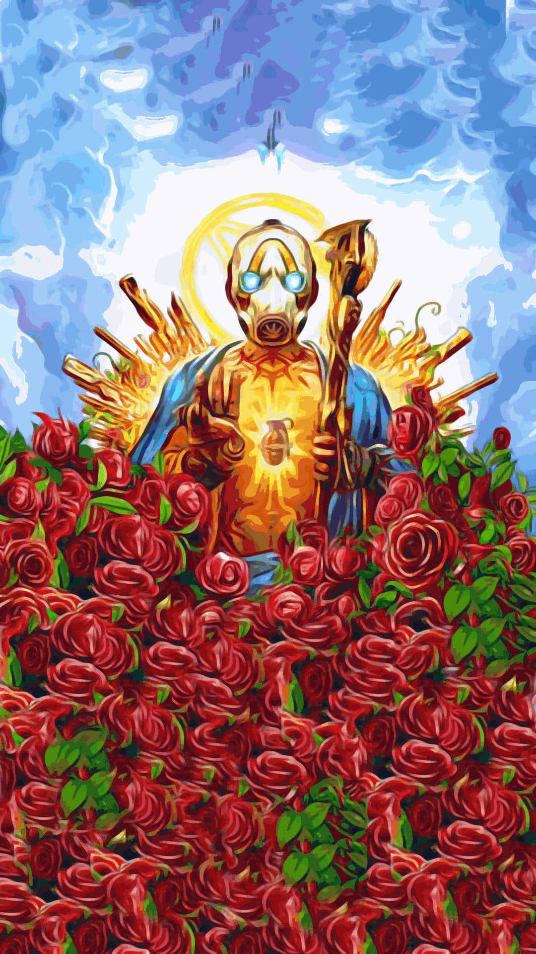 HD Borderlands 3 桌布 壁紙 — 一個戴著防毒面具、眼睛發光、帶有光環的人物，站在一片紅玫瑰海中，背景是暴風雨的藍天。