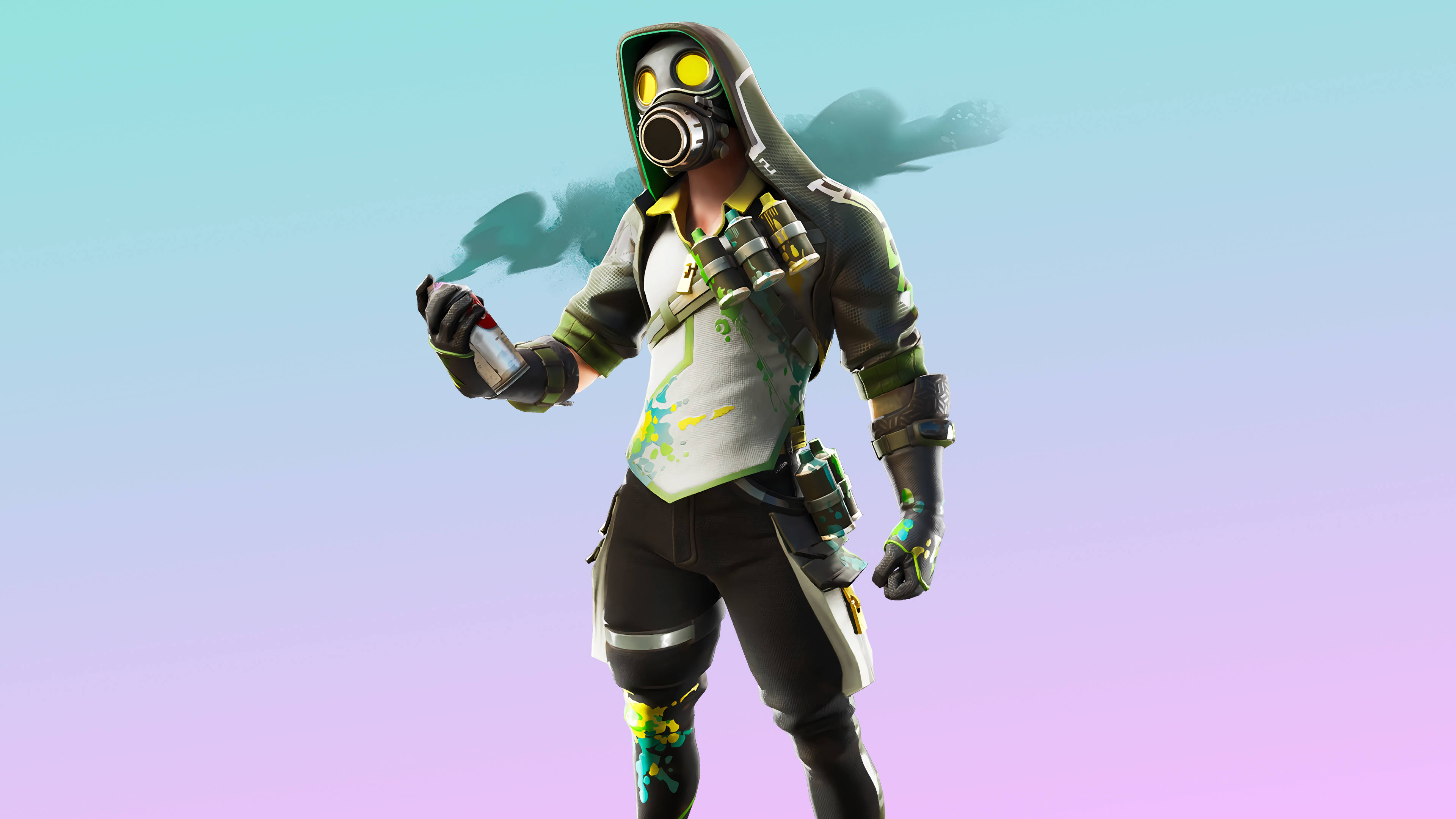 瓦斯 桌布 壁紙 — 一個戴著防毒面具、裝備沾滿油漆的Fortnite角色，在柔和漸變的天空下拿著噴漆罐。