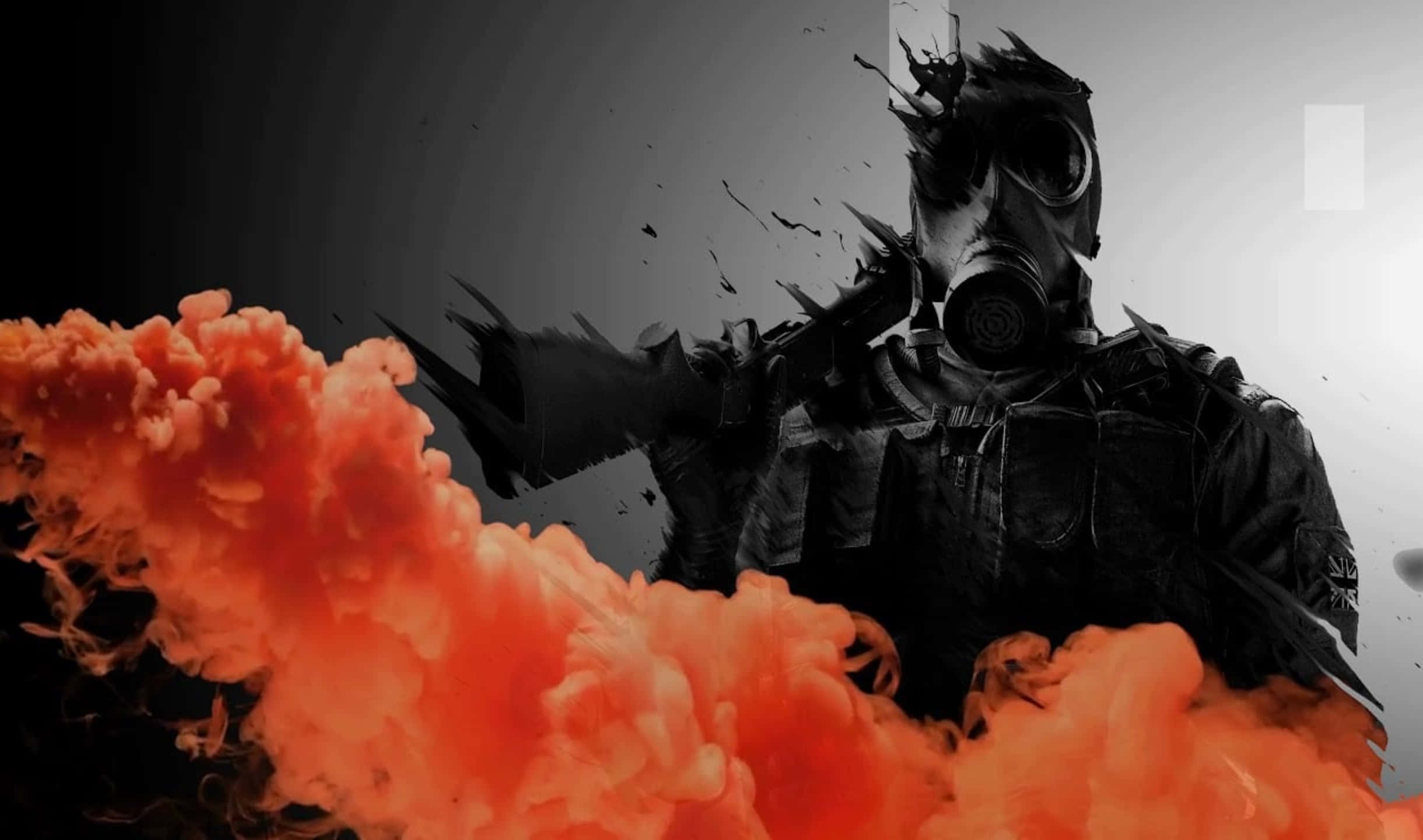 2440x1440 Rainbow Six Siege 桌布 壁紙 — 一個戴著防毒面具和戰術裝備的人物從鮮豔的橙色煙霧中出現，背景是單調的灰色。