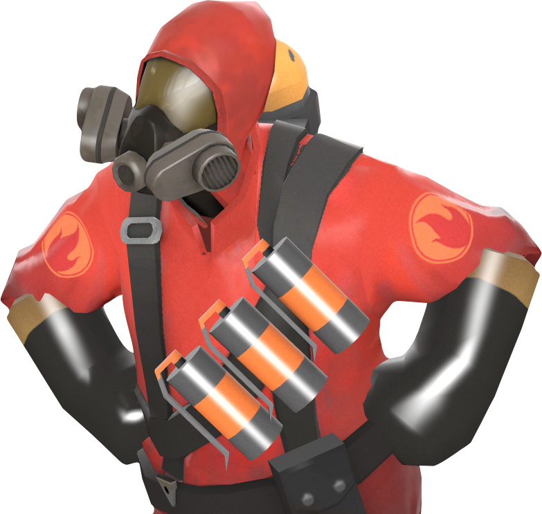 Tf2 桌布 壁紙 — 一個戴著防毒面具和戰術裝備的紅色連帽人物，在黑色背景前拿著一捆橙色和銀色的爆炸物。