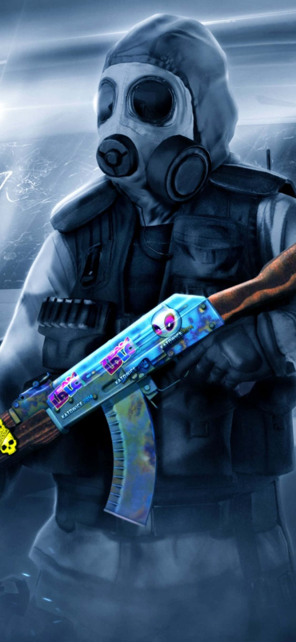 iPhone X Counter-strike Global Offensive 桌布 壁紙 — 一個戴著防毒面具的人物，在暴風雨的灰色背景下，手持一把霓虹塗漆的步槍。