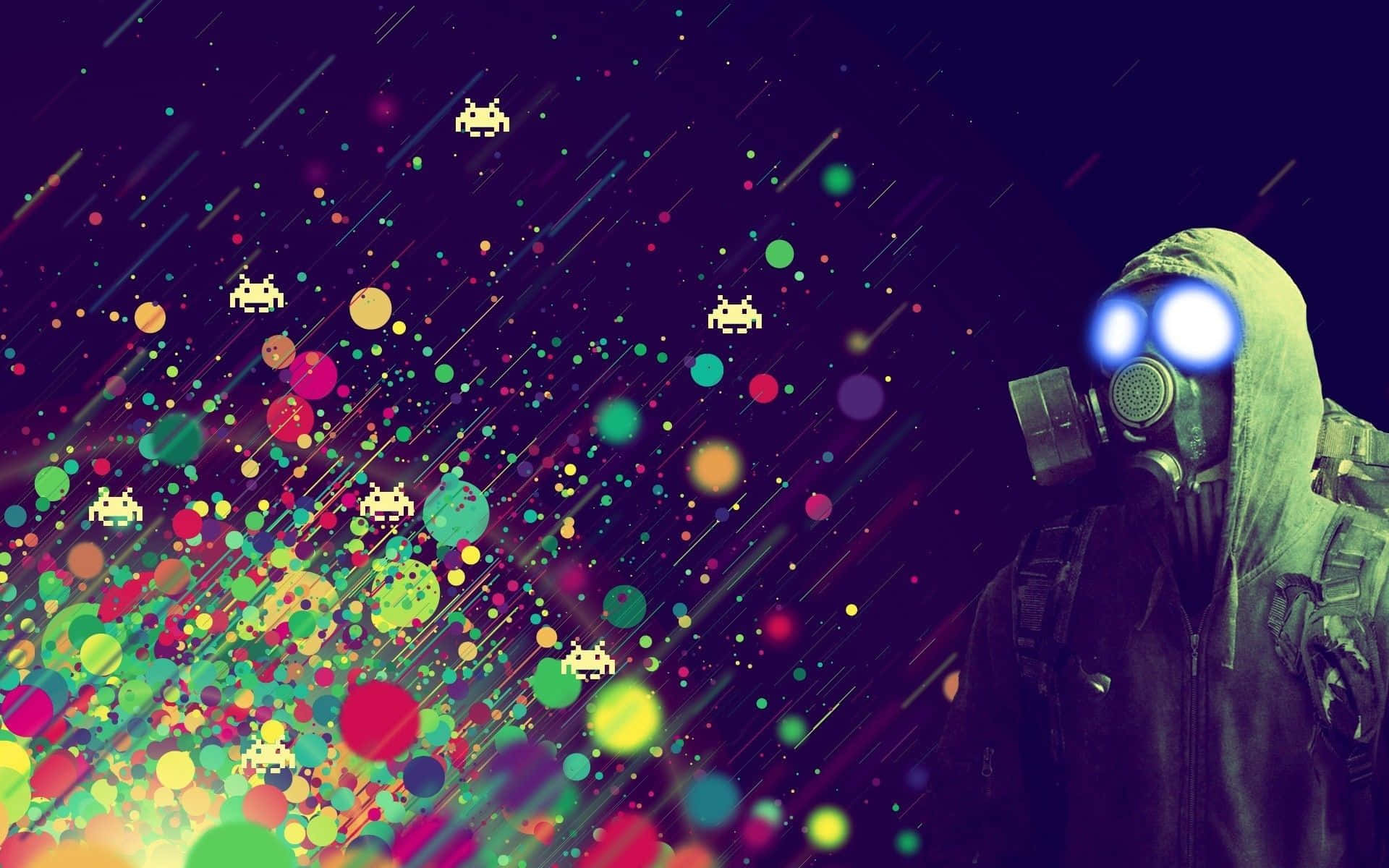 Colorful Gaming 桌布 壁紙 — 一個戴著防毒面具的人物站在宇宙背景前，背景中有像素化的外星人和鮮豔的霓虹粒子劃過深紫色的太空。