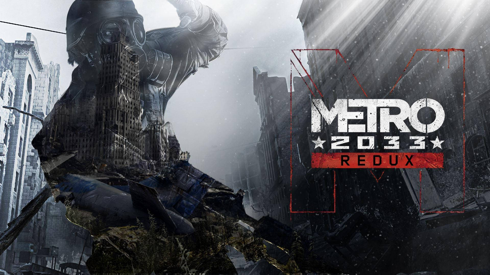 4K Metro 2033 桌布 壁紙 — 一個戴著防毒面具的人物站在灰色天空下，雪地中後末日城市荒原裡崩塌的摩天大樓之間。