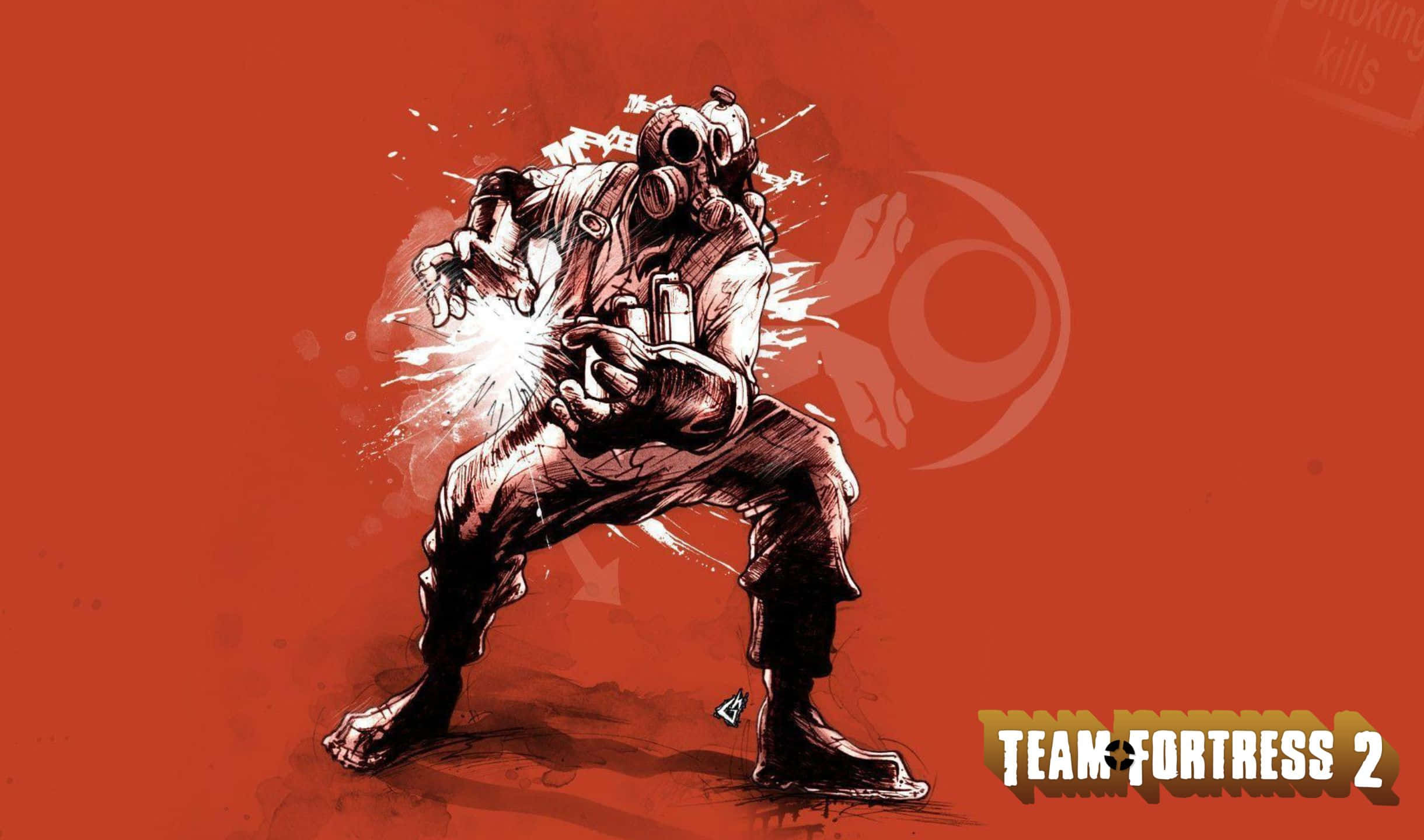 2440x1440 Tf2 桌布 壁紙 — 一個戴著防毒面具的卡通士兵在帶有 'Team Fortress 2' 標誌的醒目紅色背景上發射發光武器。
