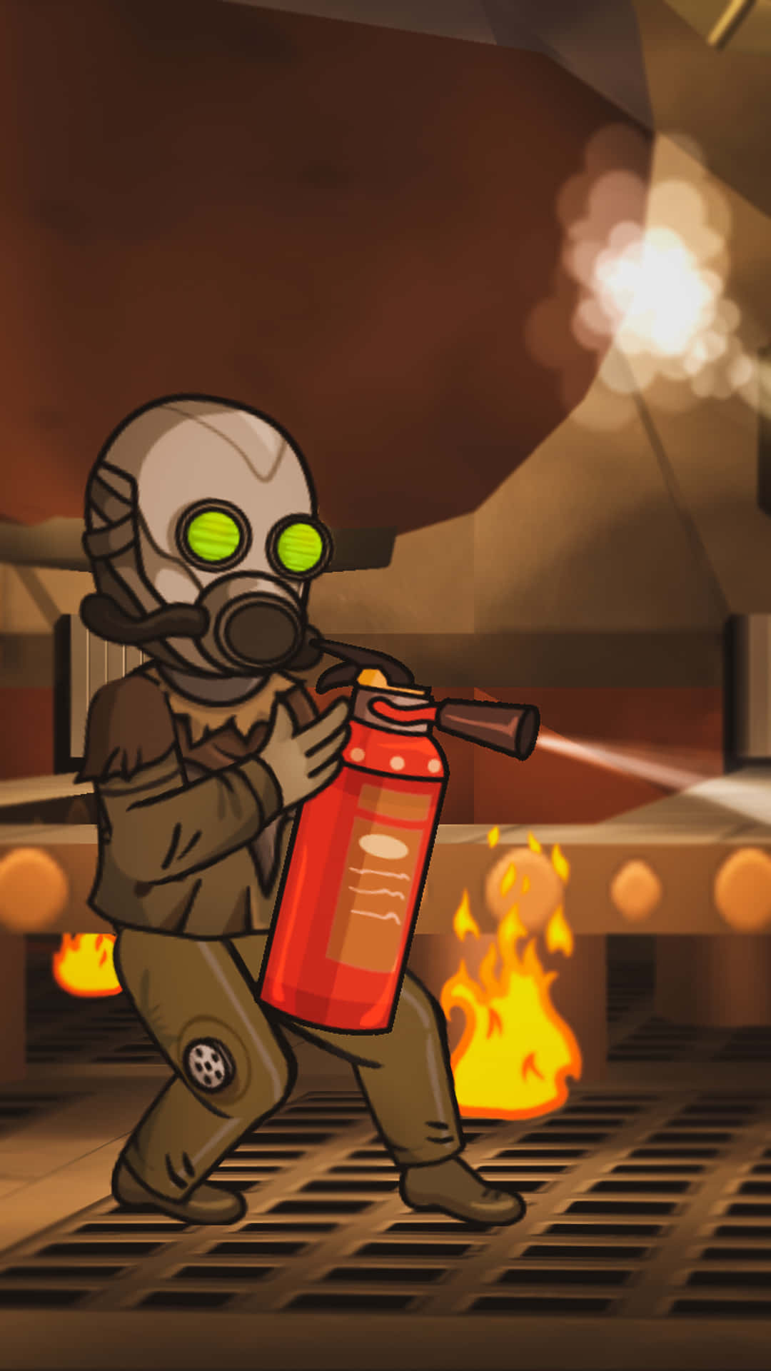 Fallout Shelter 桌布 壁紙 — 一個戴著防毒面具的卡通角色在光線昏暗的工業環境中使用紅色滅火器撲滅火焰。