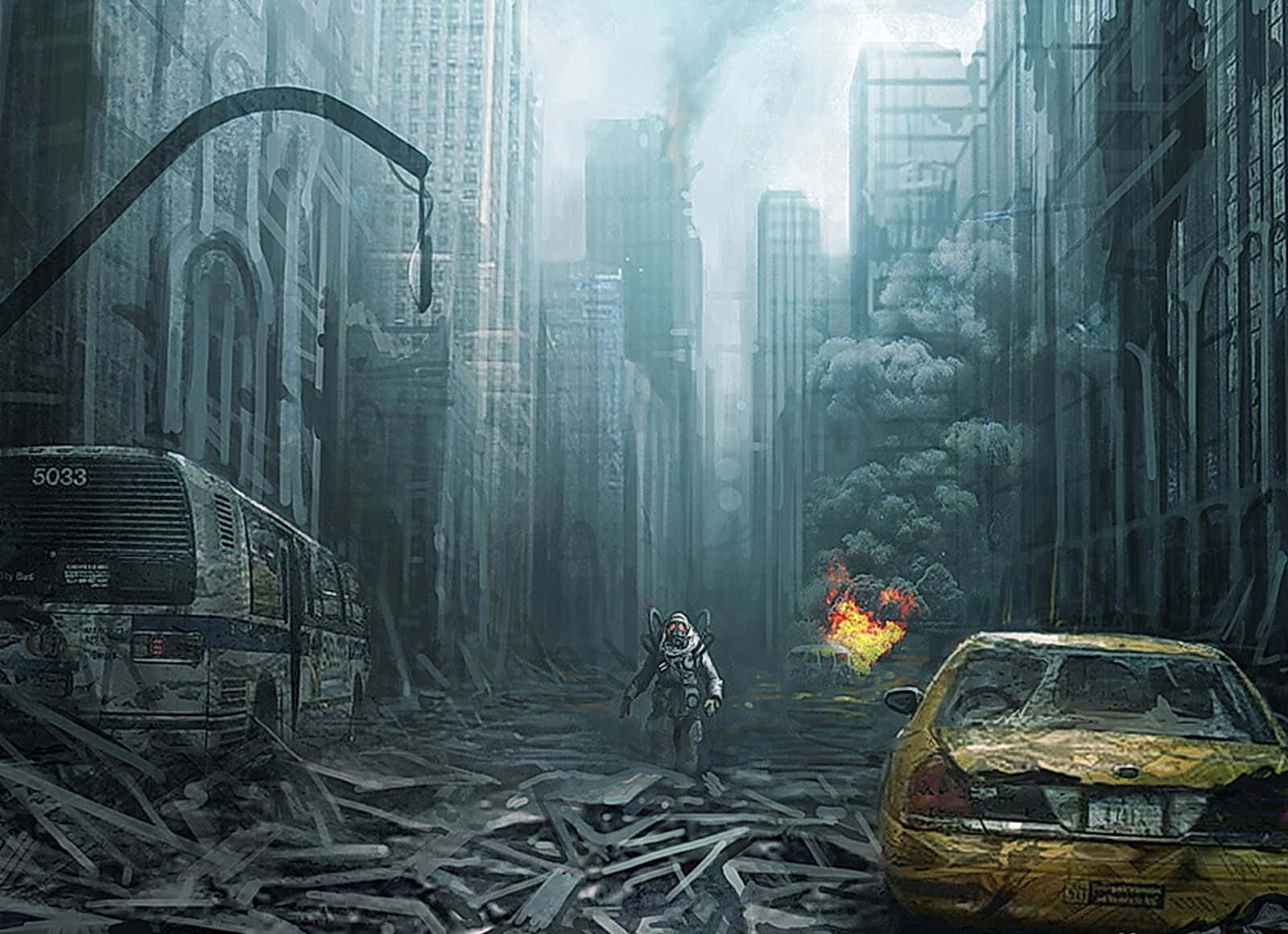 Apocalypse 桌布 壁紙 — 一個戴著防毒面具的孤獨倖存者走過一條充滿瓦礫、燃燒的汽車和煙霧繚繞的摩天大樓的廢墟城市街道。