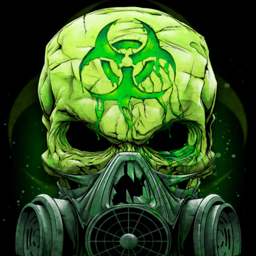Cool Skull 桌布 壁紙 — 一個戴著防毒面具的怪異綠色骷髏，額頭上滴下生物危害標誌，背景是黑暗的宇宙。