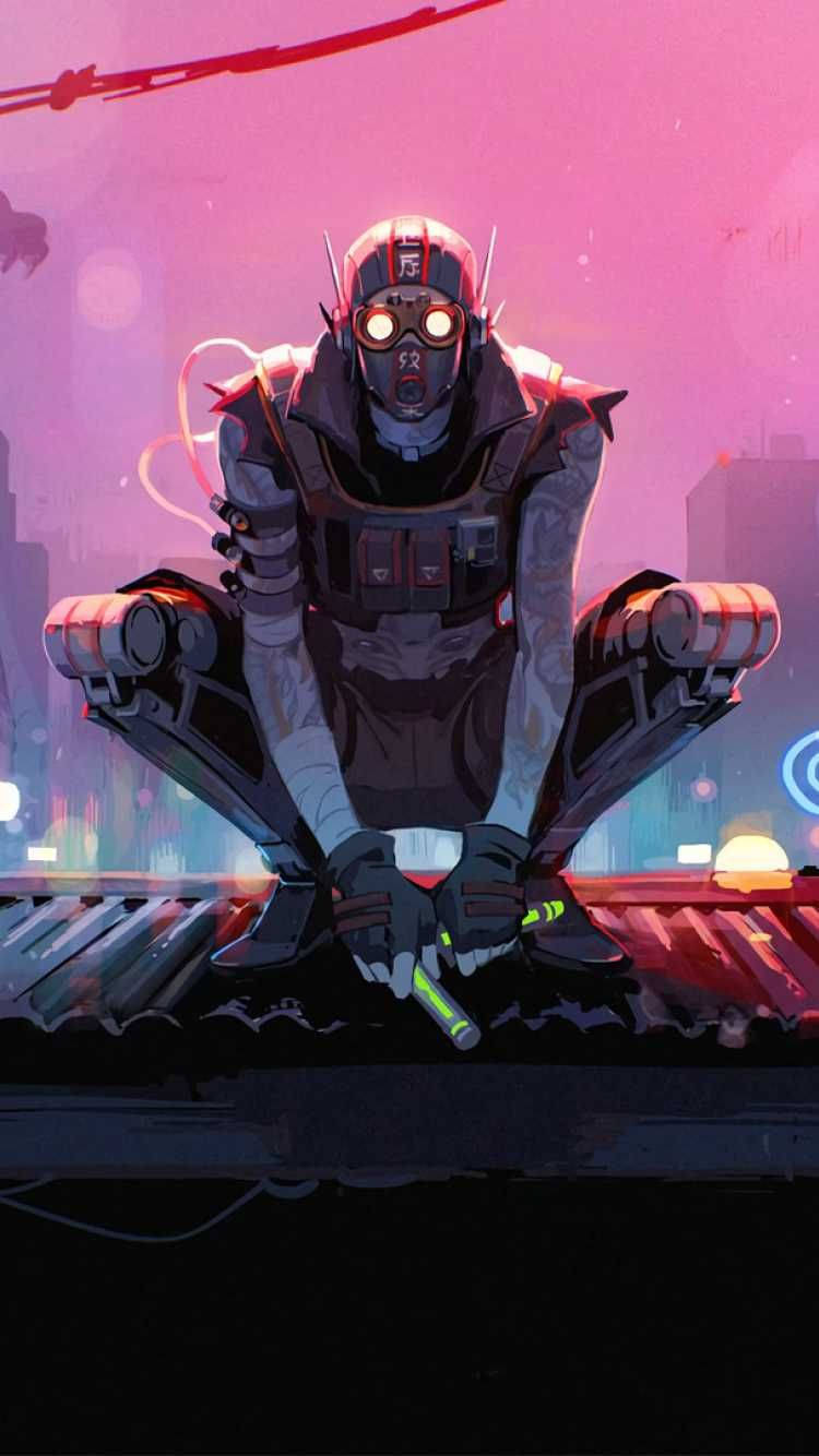 Cool Apex Legends 桌布 壁紙 — 一個戴著防毒面具的賽博龐克人物蹲在屋頂上，在發光的粉紅色天空下拿著一個發光的綠色物體。
