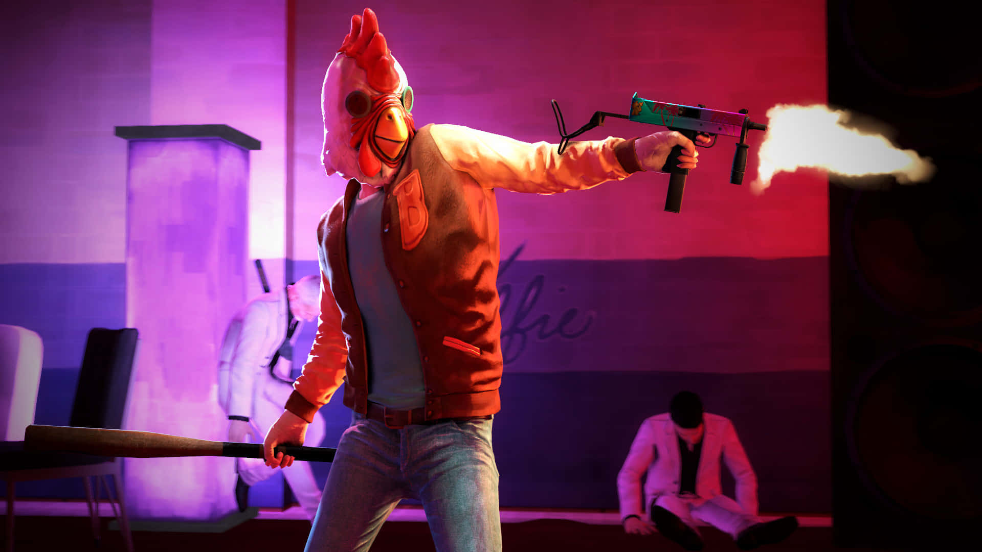 Hotline Miami 桌布 壁紙 — 一個戴著雞面具的角色在一個帶有紫色和紅色燈光的霓虹燈房間裡發射衝鋒槍。