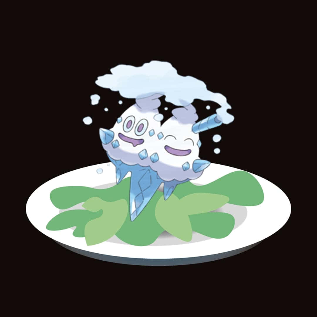 電玩遊戲 桌布 壁紙 — 一個戴著雲朵帽子和冰晶的卡通冰淇淋生物，開心地坐在深色背景的綠葉盤子上。