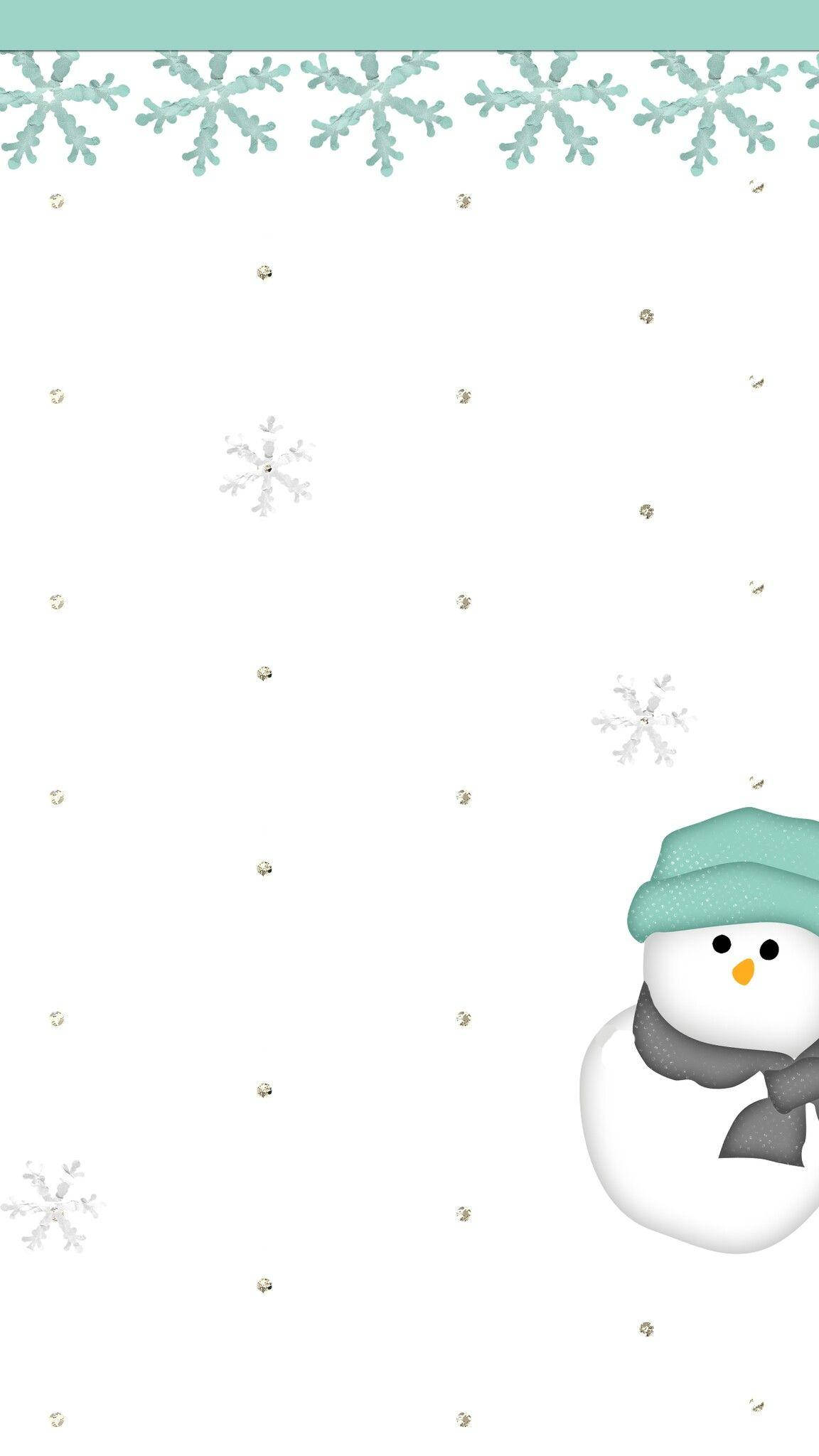 Cute Snow 桌布 壁紙 — 一個戴著青綠色帽子和灰色圍巾的快樂雪人，從右下角探出頭來，背景是白色，散落著雪花和亮粉。