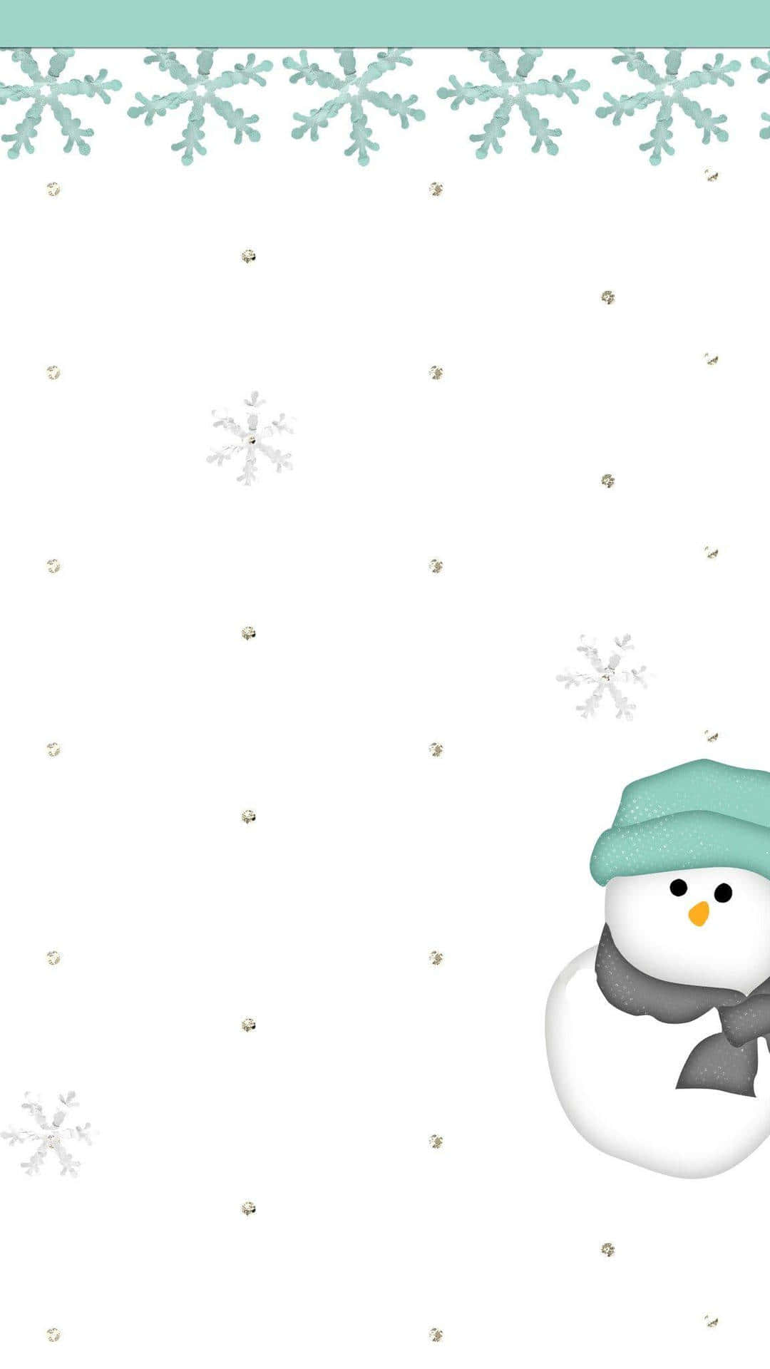 Cute Winter 桌布 壁紙 — 一個戴著青綠色帽子和灰色圍巾的快樂雪人，從右下角探出頭來，背景是白色，散落著雪花和閃閃發光的點點。