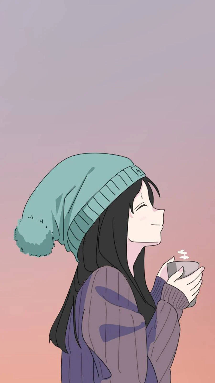 Cool Girl Cartoon 桌布 壁紙 — 一個戴著青綠色毛帽、穿著紫色毛衣的寧靜動漫女孩，在柔和的粉紅色和薰衣草色日落天空下啜飲熱飲。