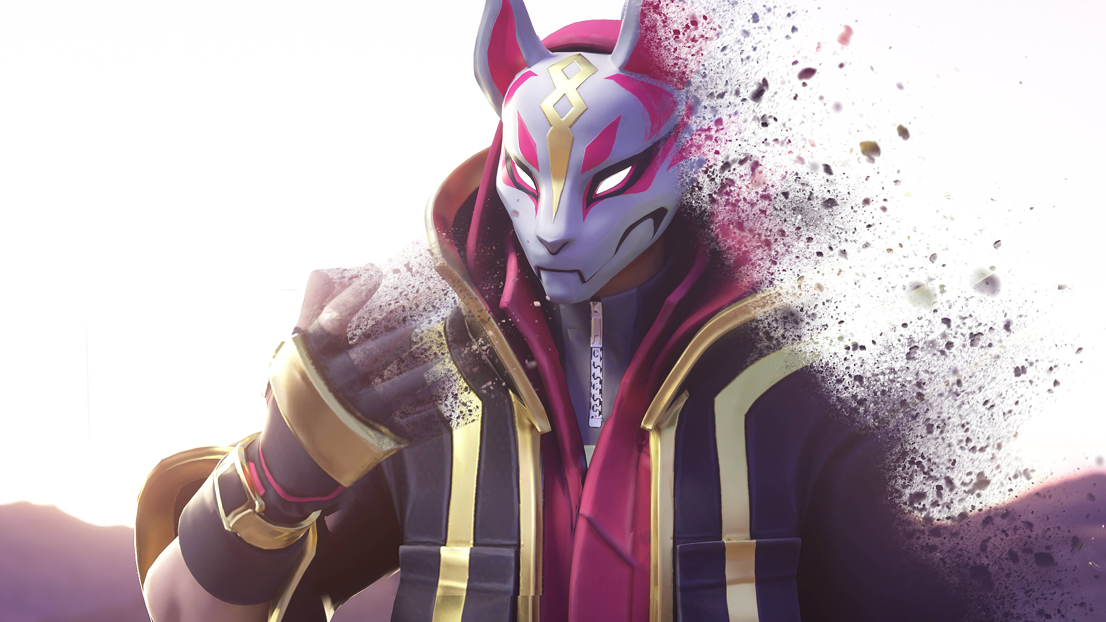 Drift 桌布 壁紙 — 一個戴著面具、像狐狸的動漫角色，穿著洋紅色和金色的服裝，在明亮的背景下分解成粒子。