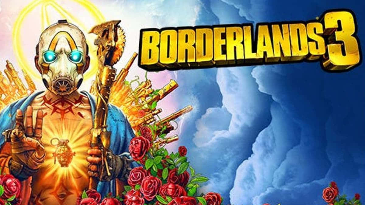 Borderlands Characters 桌布 壁紙 — 一個戴著面具、擁有發光藍眼睛的戰士，在暴風雨的天空下手持金色武器和玫瑰，並帶有《Borderlands 3》標題。