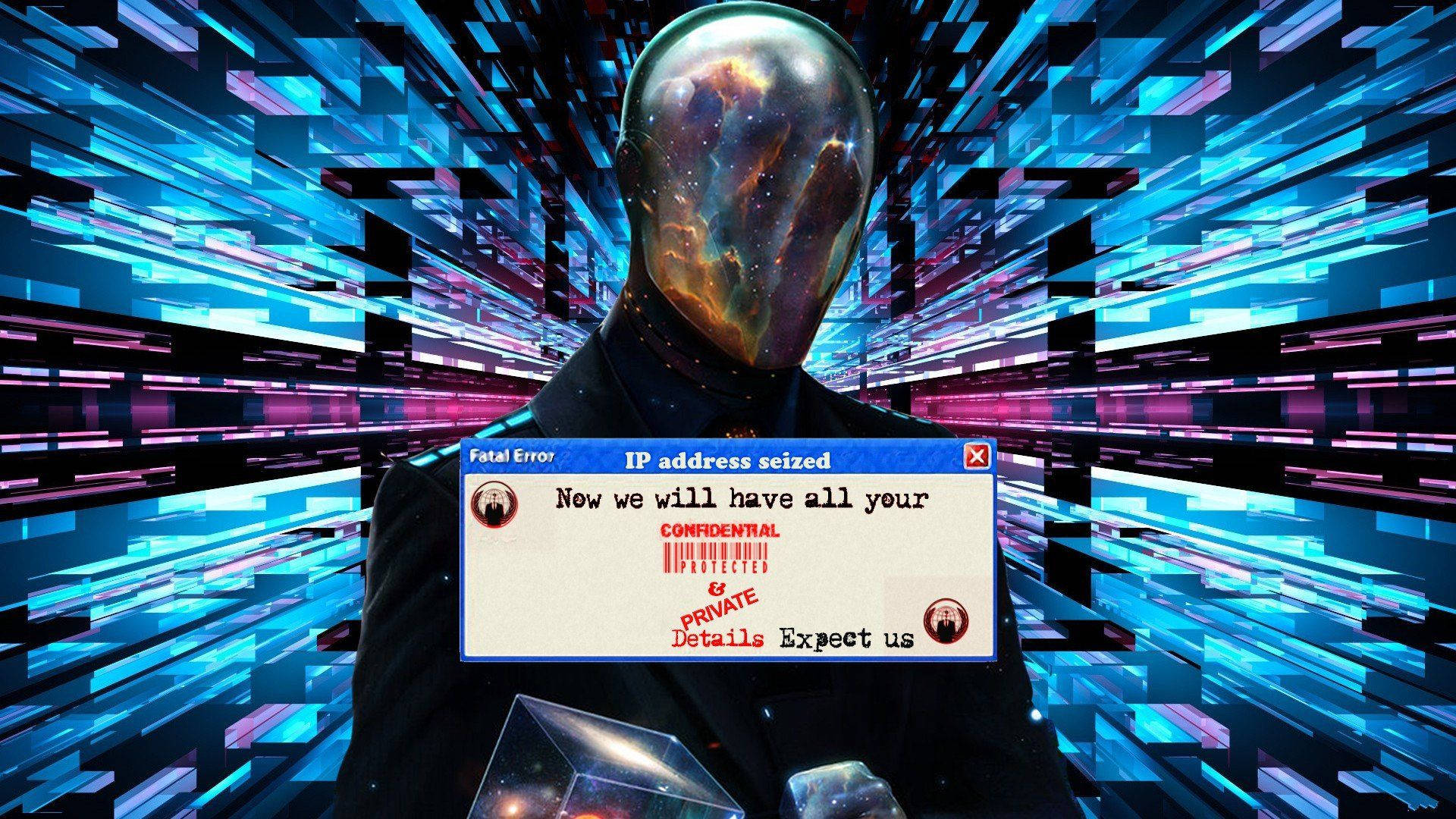 hacker 3d 桌布 壁紙 — 一個戴著面具、擁有銀河面孔的人物站在數位條紋中，手持關於IP地址被扣押的彈出警告。