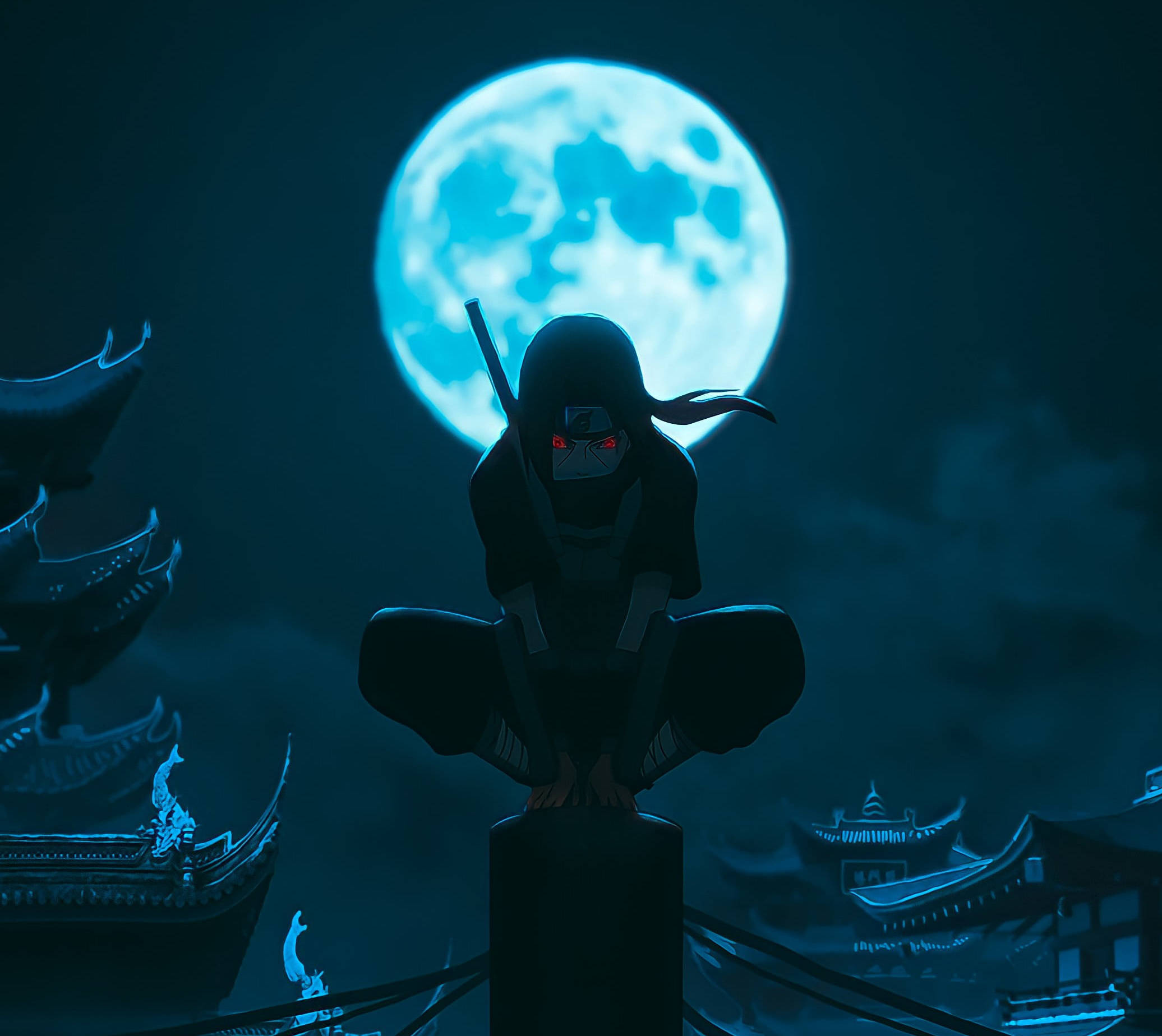 icon 桌布 壁紙 — 一個戴著面具、眼睛發出紅光的忍者坐在屋頂上，下方是傳統亞洲建築，上方是一輪巨大的藍色月亮。