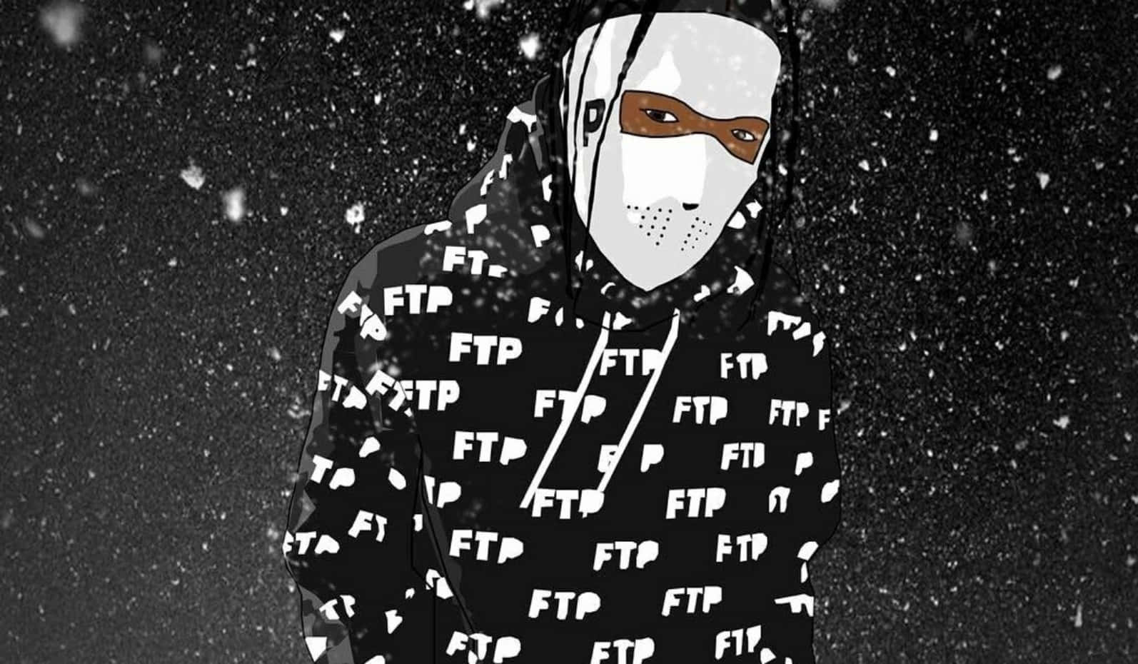 說唱歌手 桌布 壁紙 — 一個戴著面具、身穿印有白色 'FTP' 字樣的黑色連帽衫的人物，站在黑暗背景下的飄雪中。