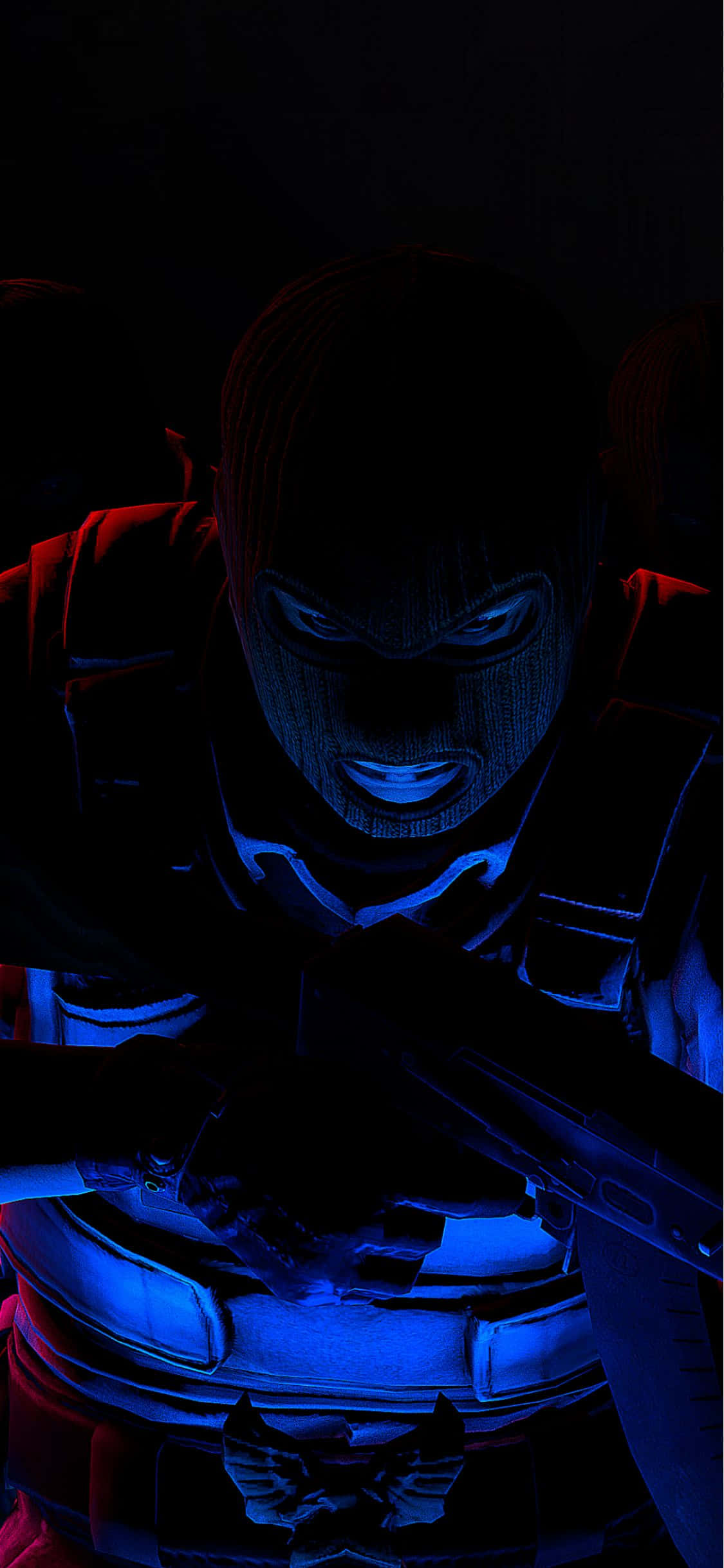 iPhone X Counter-strike Global Offensive 桌布 壁紙 — 一個戴著面具、身穿戰術裝備的人物，在漆黑的背景下散發出詭異的藍光。
