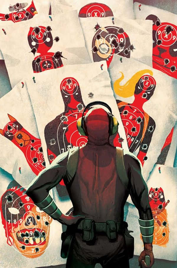 Deadpool Art 桌布 壁紙 — 一個戴著面具、身穿戰術裝備的人物背光站立在散落且佈滿彈孔的紅色靶心靶紙之間。