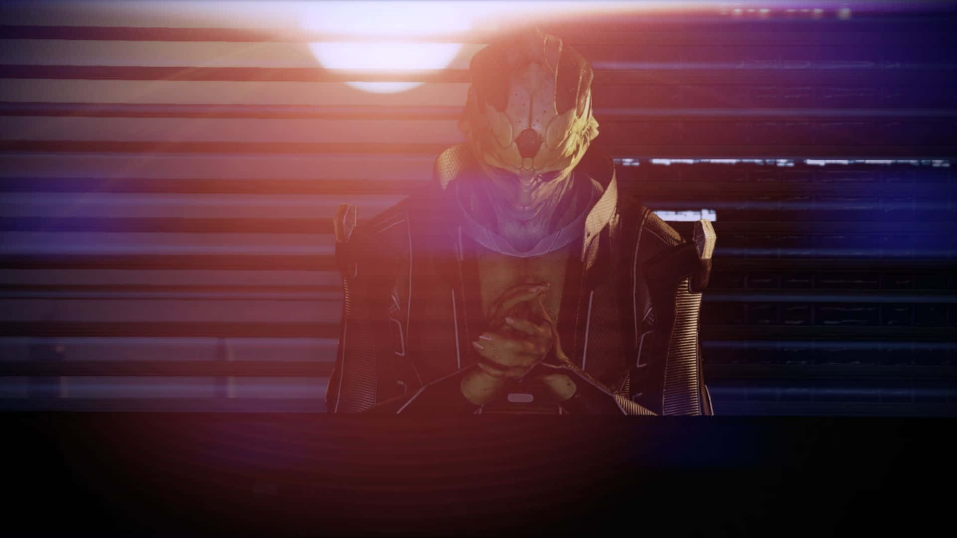 Thane Krios 桌布 壁紙 — 一個戴著面具、身穿暗色盔甲的人物坐在一個充滿溫暖夕陽光芒的故障數位環境中。