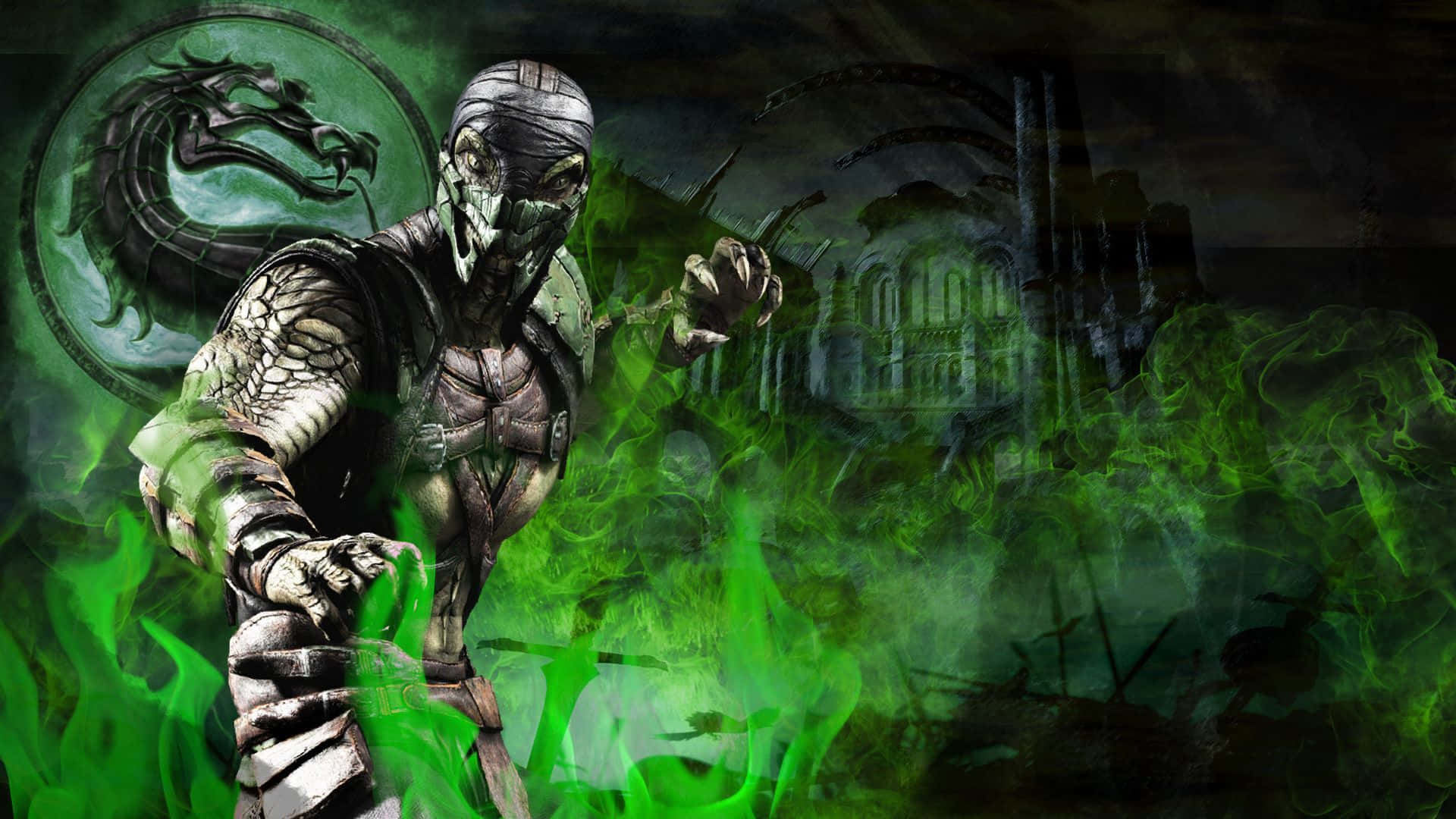 Mortal Kombat Reptile 桌布 壁紙 — 一個戴著面具、身穿暗色盔甲的戰士，站在廢墟寺廟背景下，周圍環繞著旋轉的綠色火焰。