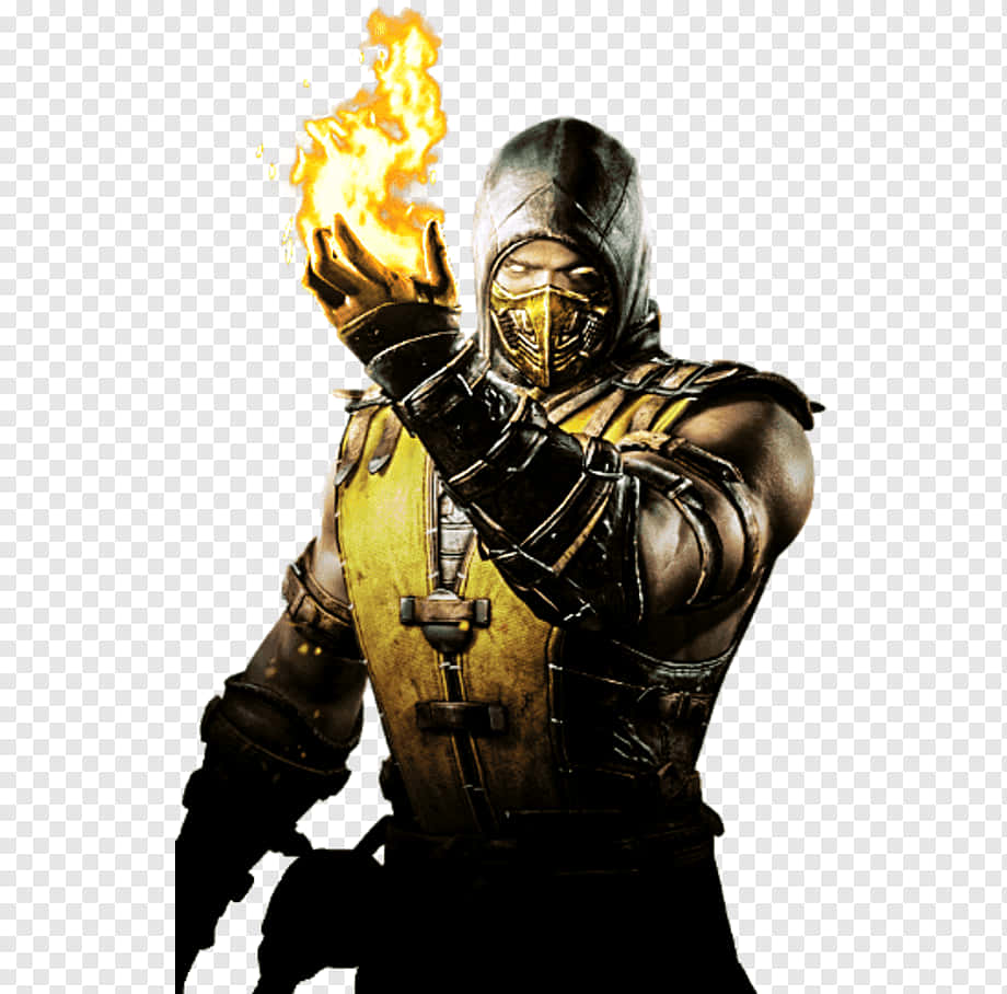 Mortal Kombat Scorpion 桌布 壁紙 — 一個戴著面具、身穿暗色鎧甲的戰士，在透明背景上從手中釋放出熊熊烈火。