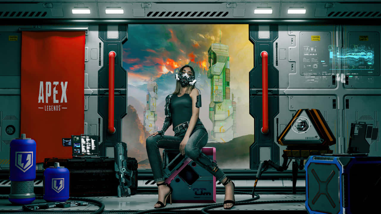 720p Apex Legends 桌布 壁紙 — 一個戴著面具、身穿未來裝備的女性角色自信地坐在Apex Legends高科技太空船的駕駛艙內。