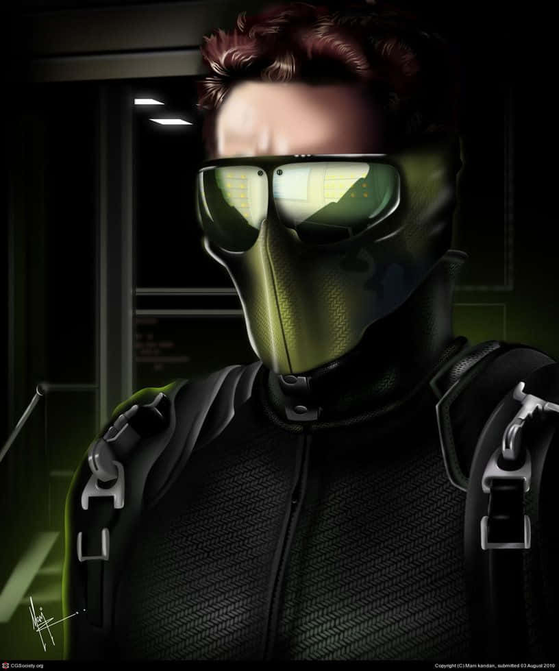 Harry Osborn 桌布 壁紙 — 一個戴著面具、身穿深色戰術服、配備綠色發光面罩的人物，站在燈光昏暗的未來風格走廊中。