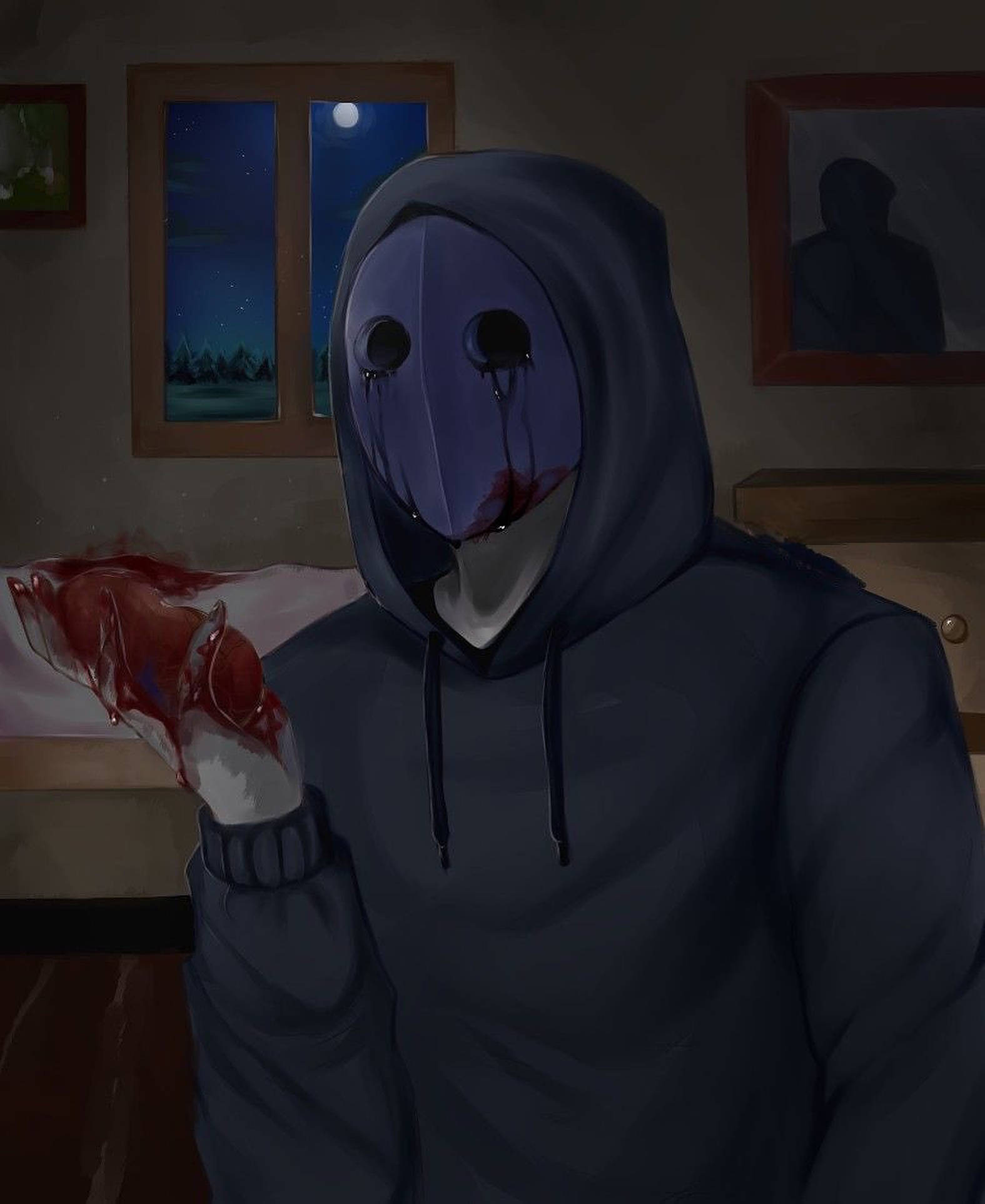 Eyeless Jack 桌布 壁紙 — 一個戴著面具、身穿深色連帽衫的人物，從空洞的眼睛滴下血，同時在昏暗的房間裡握著一隻血淋淋的手。