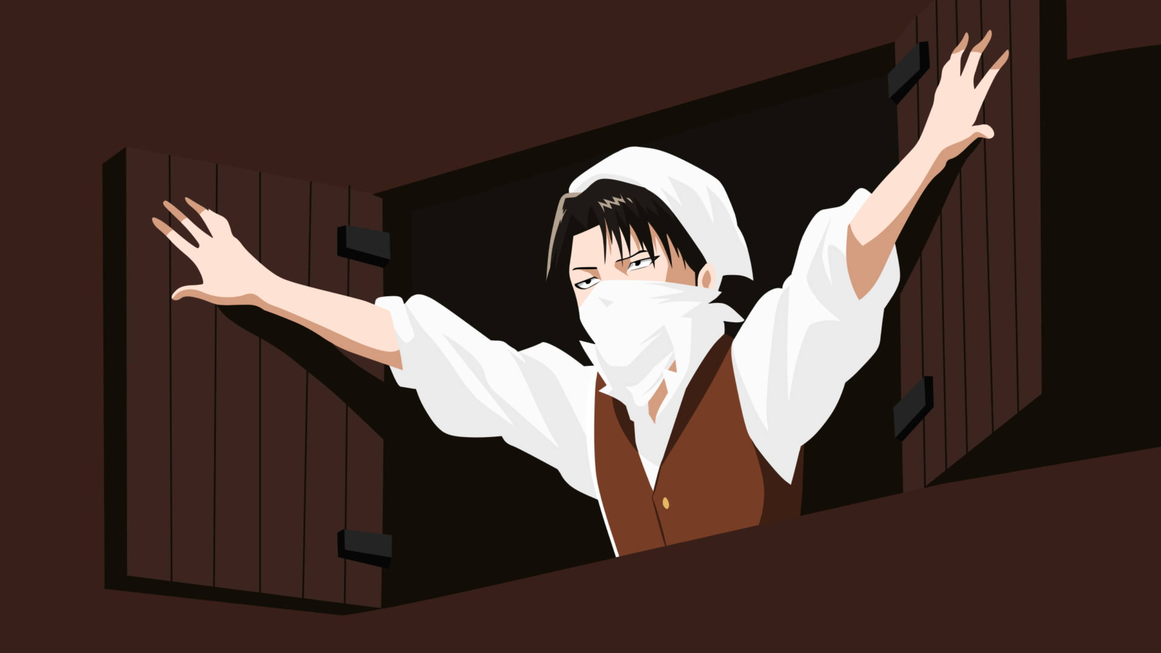 Aot 桌布 壁紙 — 一個戴著面具、身穿白色和棕色衣服的動漫角色，張開雙臂從深色木窗中探出頭來。