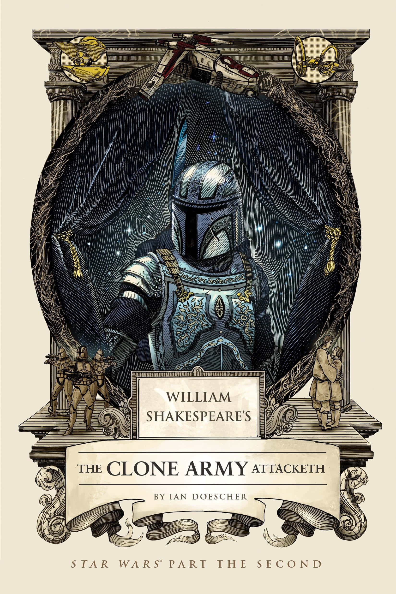 The Clone Army 桌布 壁紙 — 一個戴著面具、身穿盔甲的戰士，在星空帷幕下，被華麗的柱子框住，兩旁有戲劇場景中的人物。