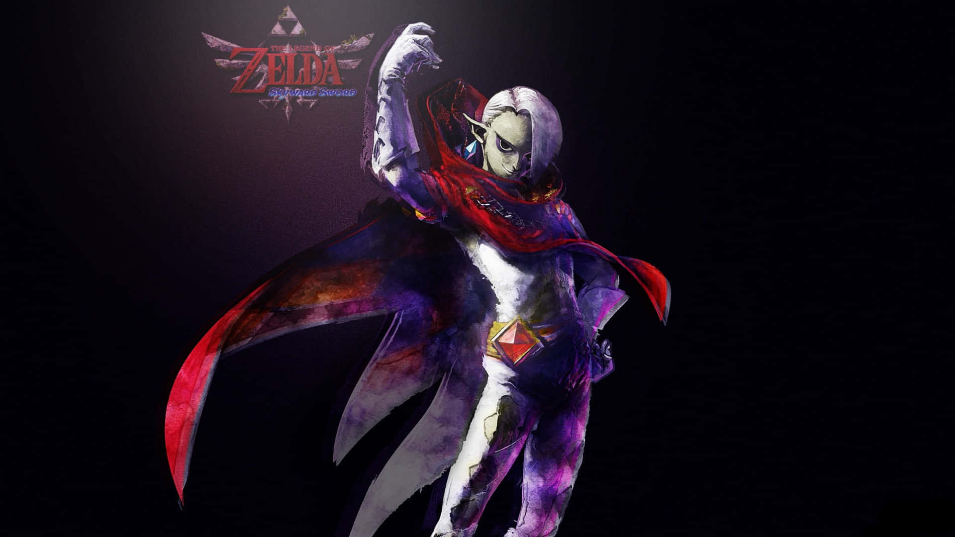 The Legend Of Zelda Skyward Sword 桌布 壁紙 — 一個戴著面具、身穿紫色和紅色長袍的威脅性人物，在黑暗背景前擺出戲劇性的姿勢，並帶有薩爾達標誌。