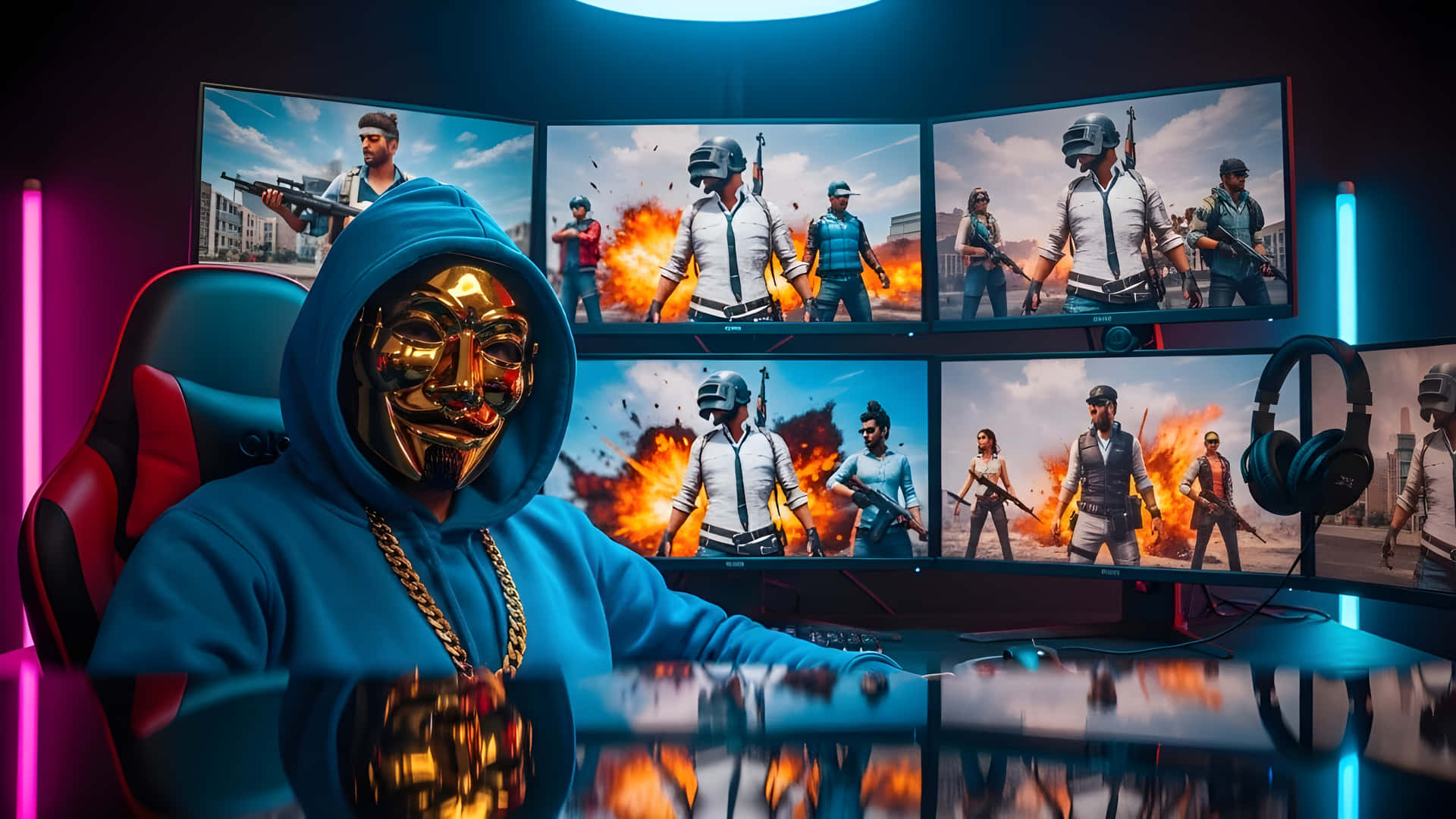 Hacker in Guy Fawkes Mask, Multiple Gaming Screens 壁紙 — 一個戴著面具、身穿藍色連帽衫的遊戲玩家坐在書桌前，周圍環繞著發光的螢幕，顯示著熱門射擊遊戲的激烈戰鬥場景。