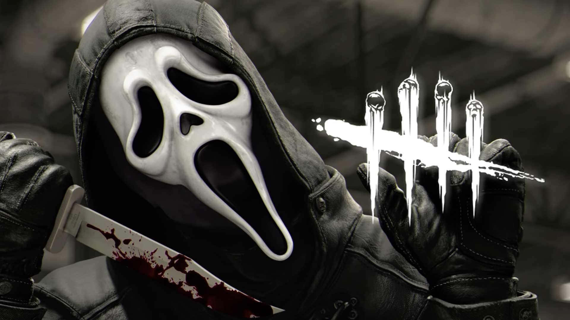 Dead By Daylight 桌布 壁紙 — 一個戴著面具、身穿連帽衫的人物，在黑暗粗糙的背景中，手持一把沾血的刀和發光的白色利爪。