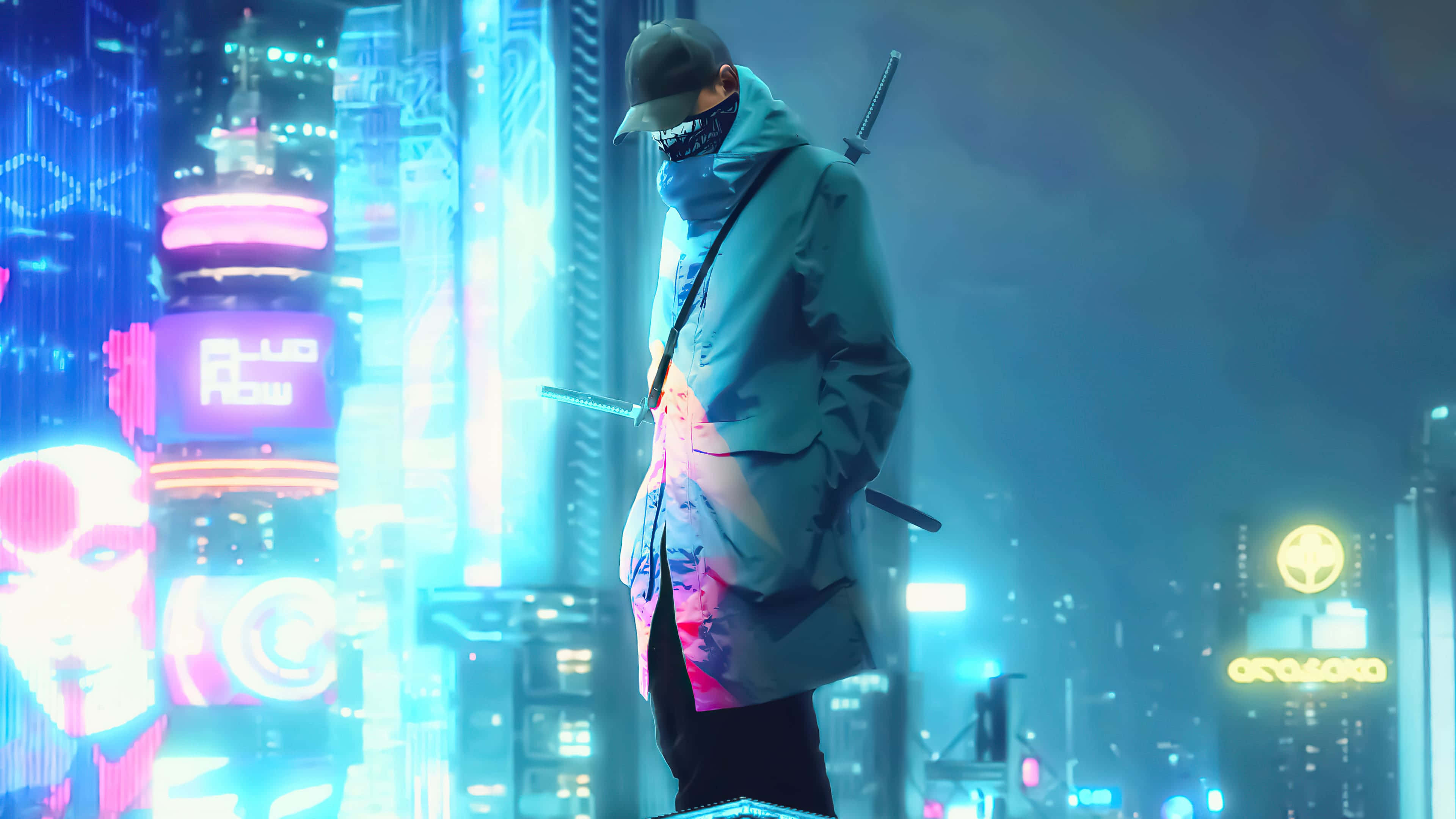 Cyberpunk Laptop 桌布 壁紙 — 一個戴著面具、身穿青綠色外套的人物，站在充滿霓虹燈的賽博龐克城市景觀中，周圍有發光的廣告牌和高聳的摩天大樓。