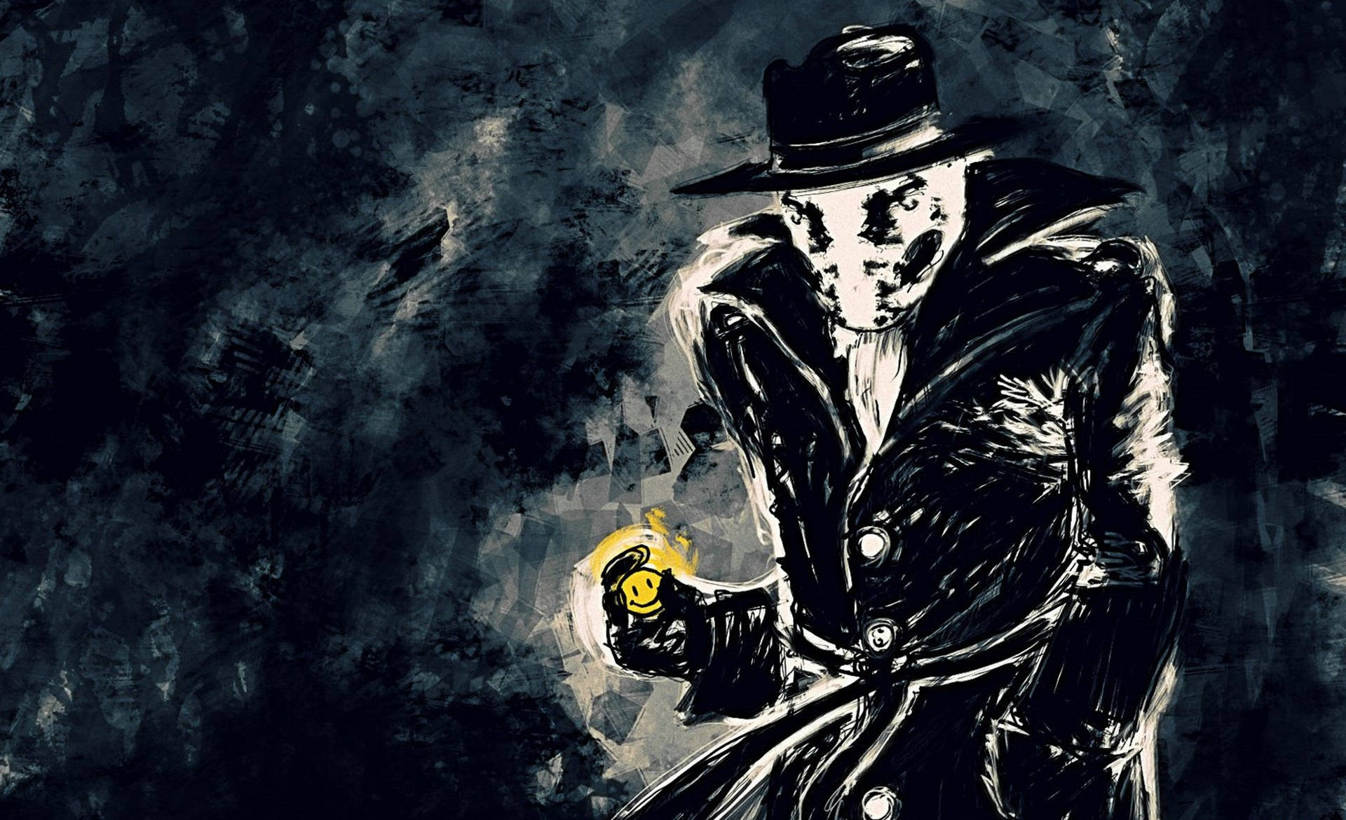 Watchmen 桌布 壁紙 — 一個戴著面具、身穿風衣和費多拉帽的人物，在深色紋理背景前手持一個發光的黃色笑臉。