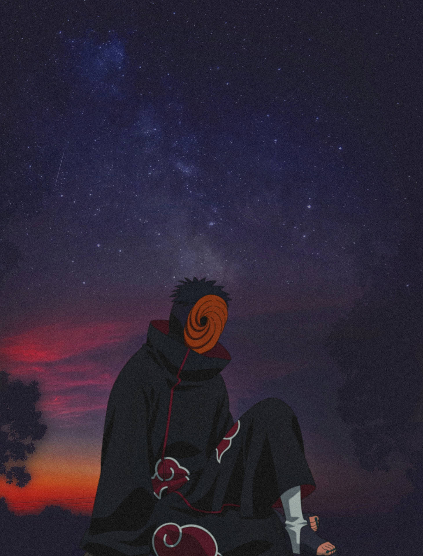 身穿黑色斗篷和面具的動漫角色坐在星空暮色天空下。 — 曉 壁紙