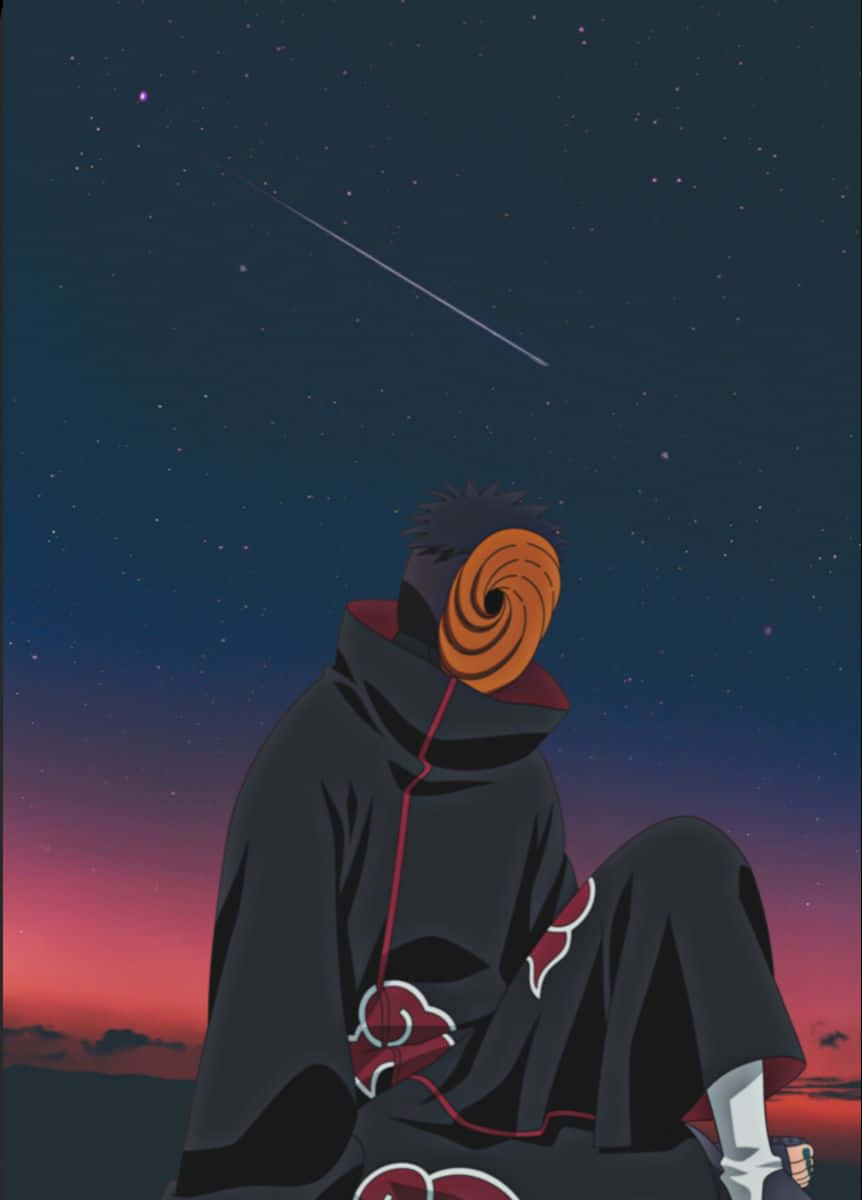 桌布 壁紙 — 一個戴著面具、身穿黑色斗篷的動漫角色獨自坐在繁星點點的暮色天空下，一顆流星劃過天際。