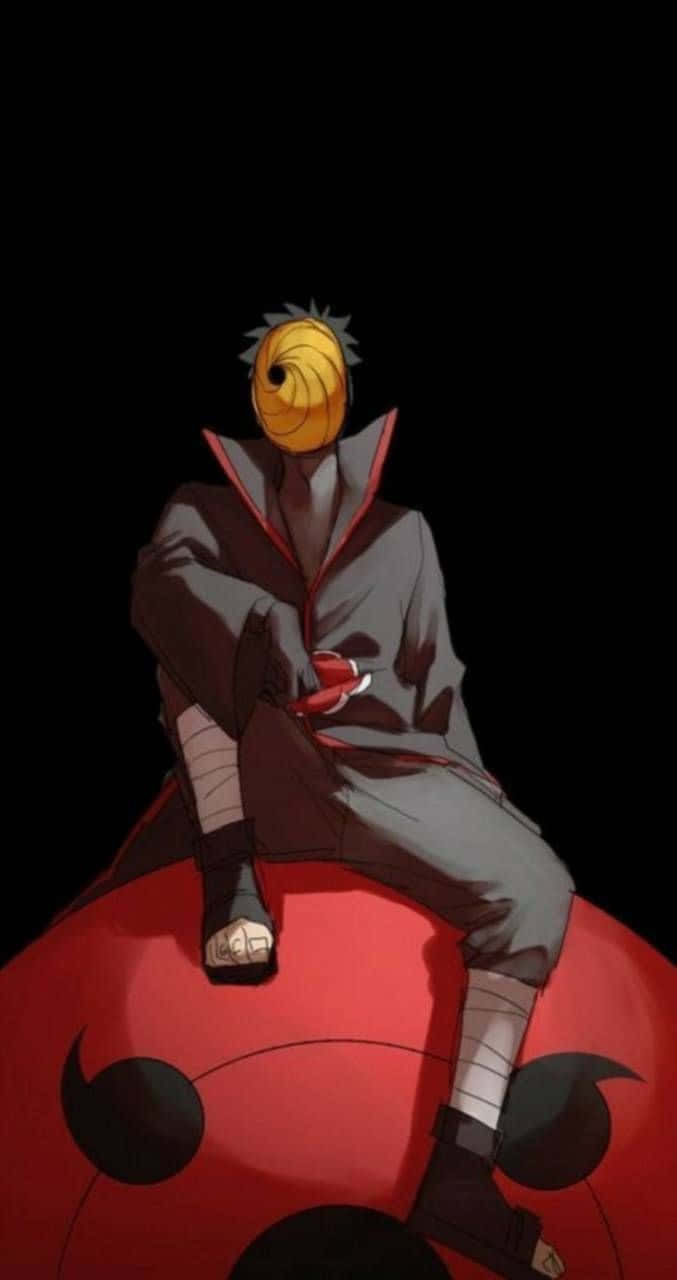 Mask 桌布 壁紙 — 一個戴著面具、身穿黑色斗篷的動漫角色坐在一個帶有黑色螺旋紋的紅色球體上，背景為黑色。