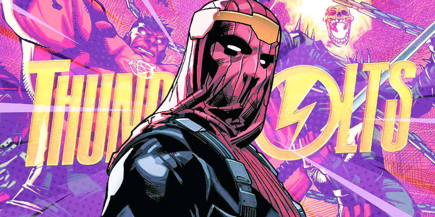 Thunderbolts 桌布 壁紙 — 一個戴著面具、身穿黑色盔甲的超級英雄，在充滿活力的紫色背景上，對抗著粗體黃色「THUNDERBOLTS」文字和混亂的漫畫風格能量效果，傲然挺立。