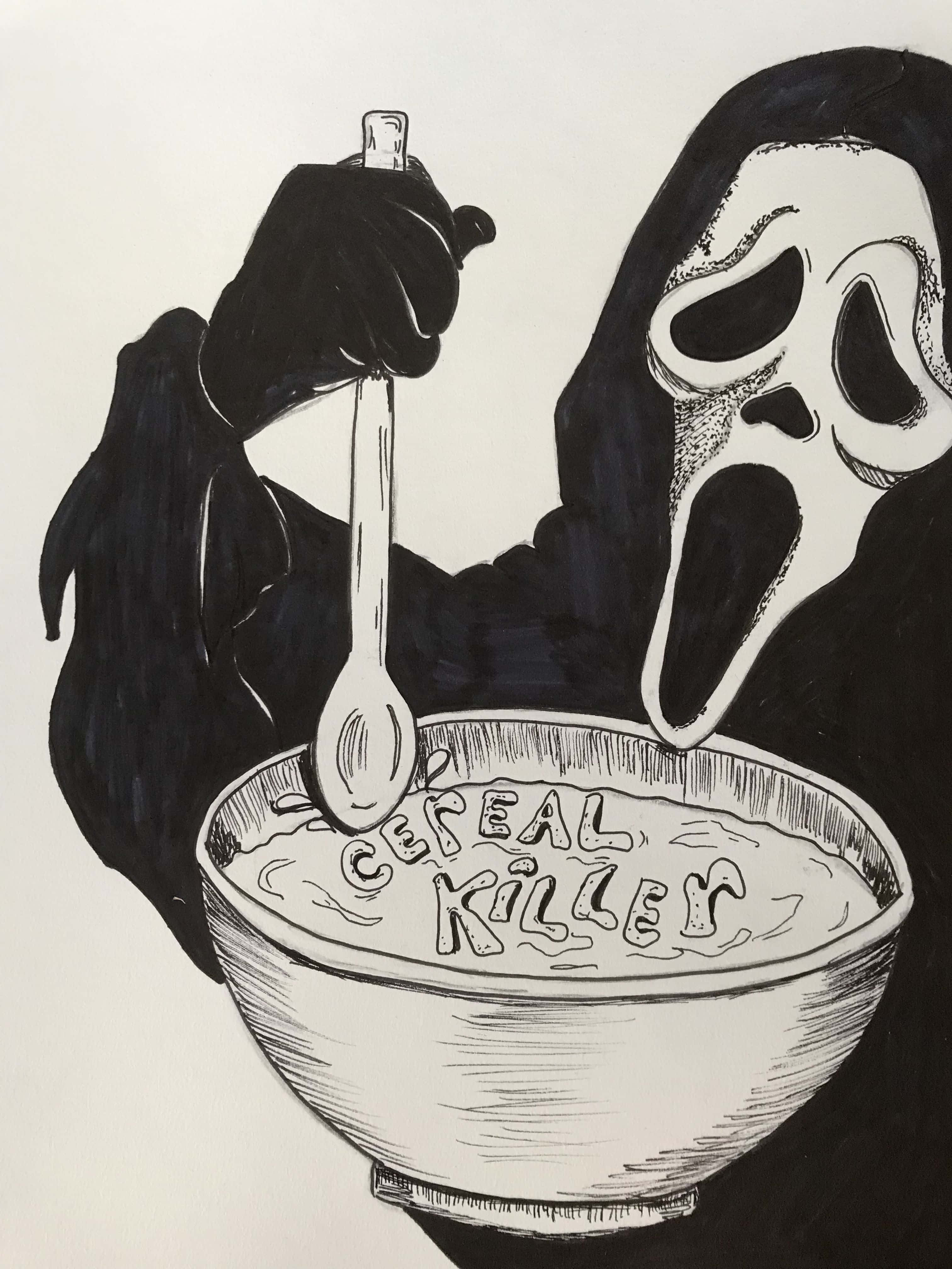 鬼臉殺手 桌布 壁紙 — 一個戴著面具、身穿黑色長袍的恐怖角色，拿著湯匙放在一個標有粗體字 'Cereal Killer' 的麥片碗上方。