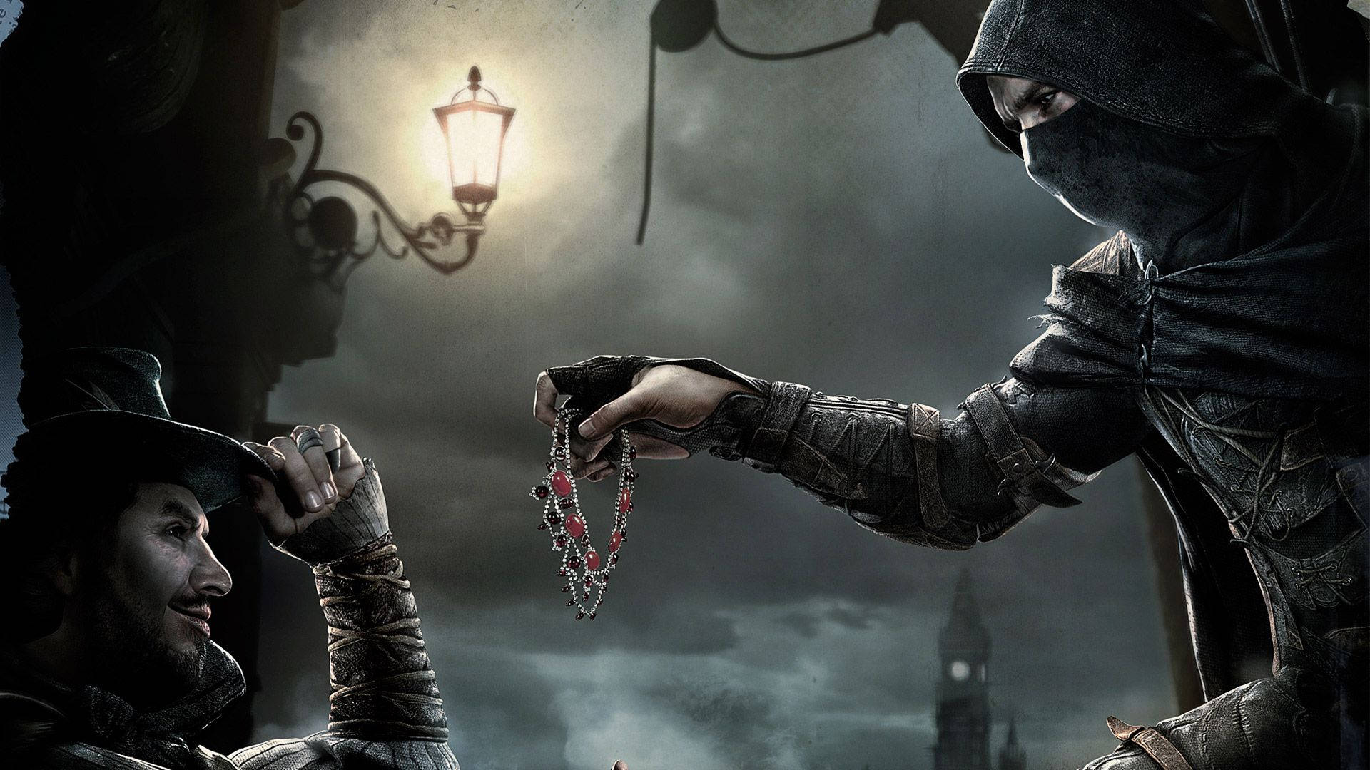 Thief 桌布 壁紙 — 一個戴著面具、身穿黑袍的刺客，在暴風雨的夜晚場景中，於發光的路燈下向一個微笑的男人遞出一條珠鏈。