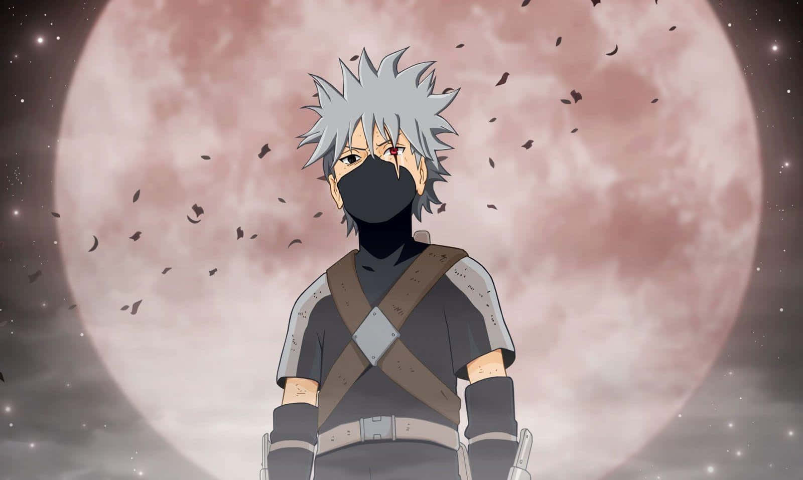 Kakashi Sharingan 桌布 壁紙 — 一個戴著面具、銀色刺蝟頭的動漫忍者站在巨大的粉紅月亮前，樹葉在繁星點點的夜空中飄蕩。