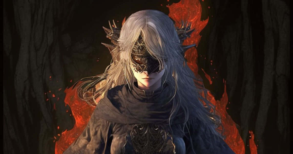 Fire Keeper 桌布 壁紙 — 一個戴著面具、銀色頭髮、身穿華麗盔甲的人物，站在黑暗森林中，背景是熾熱的紅色火焰。