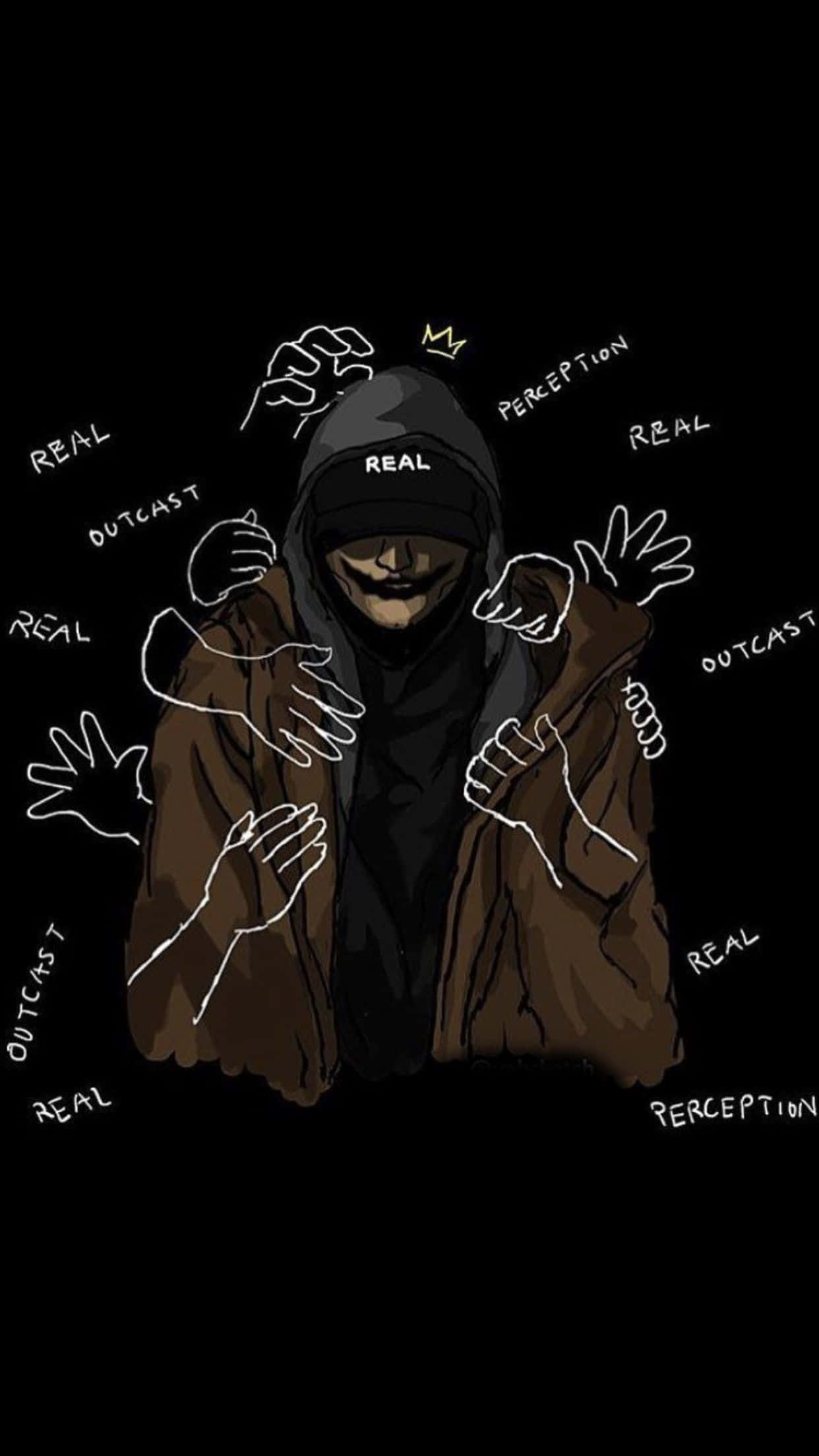 Swag iPhone 桌布 壁紙 — 一個戴著面具的 hooded 人物，被漂浮的手和 real、perception 等詞語包圍，背景是黑色。