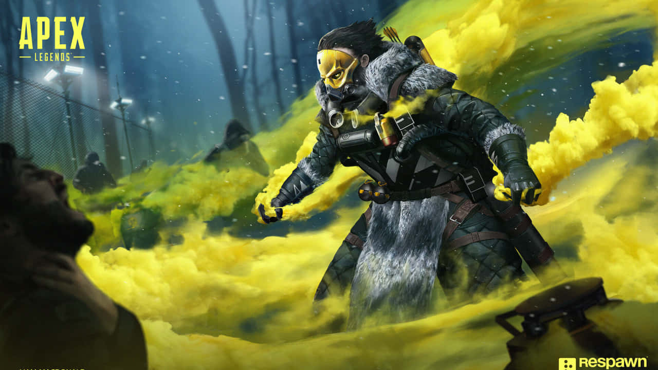 720p Apex Legends 桌布 壁紙 — 一個戴著面具的Apex Legends角色穿著冬季裝備，在夜晚的雪地森林中站在旋轉的黃色煙霧中。